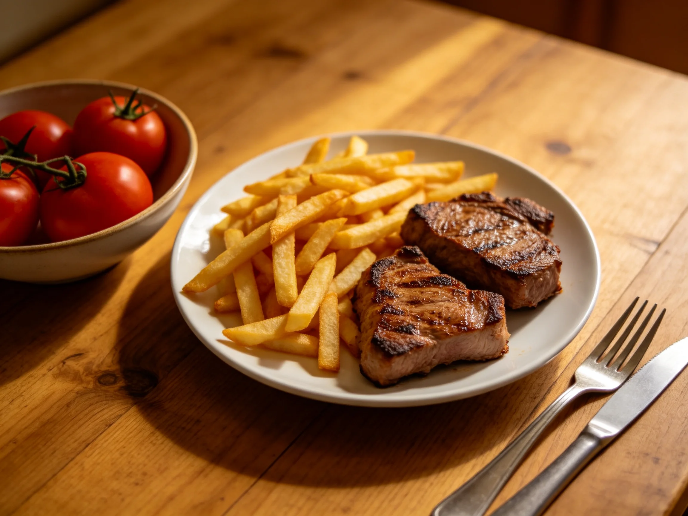 Two grilled steaks, golden French fries, and vibrant red tomatoes on a wooden table