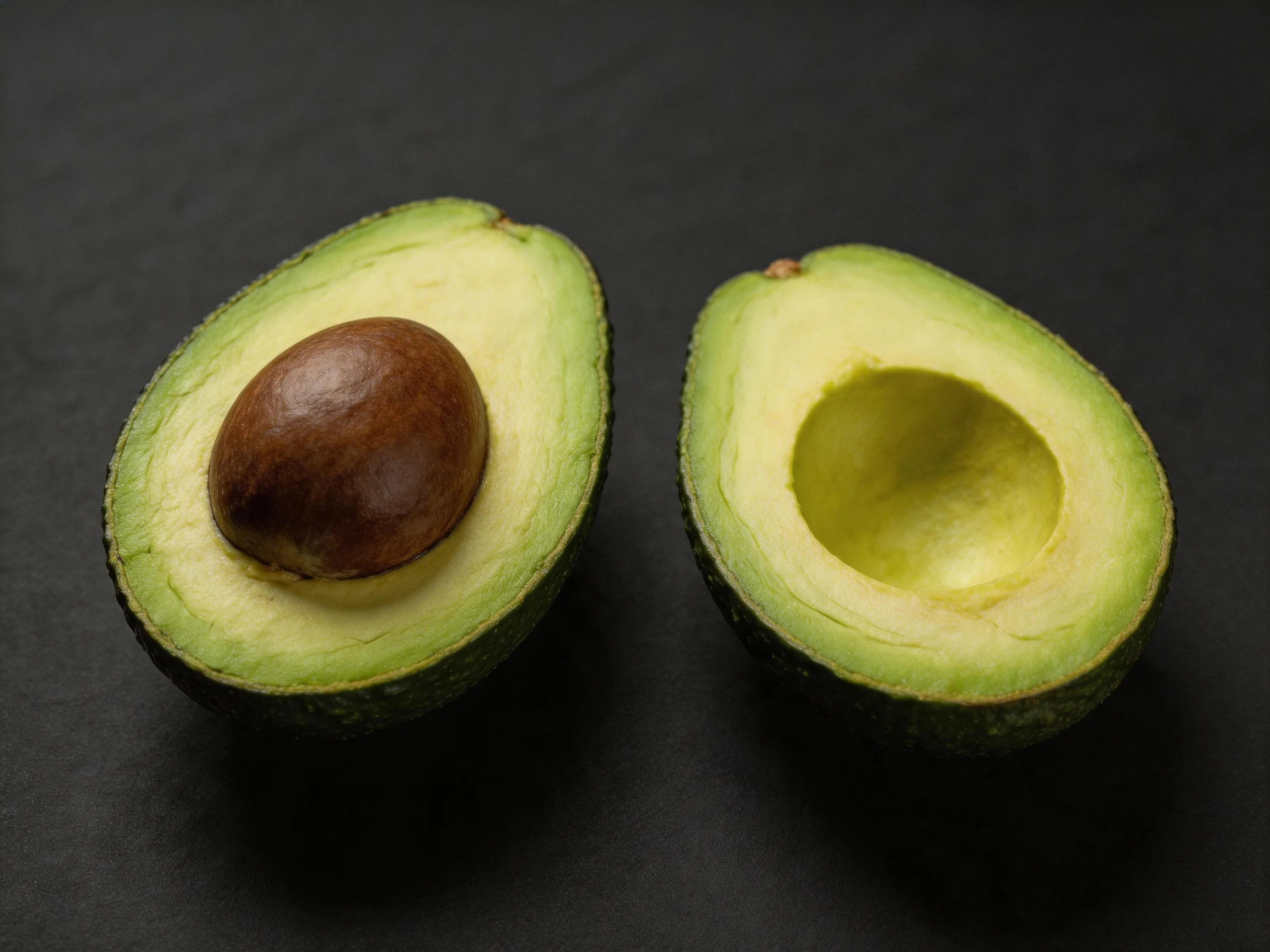 Two halved avocados show creamy green flesh and large brown seed