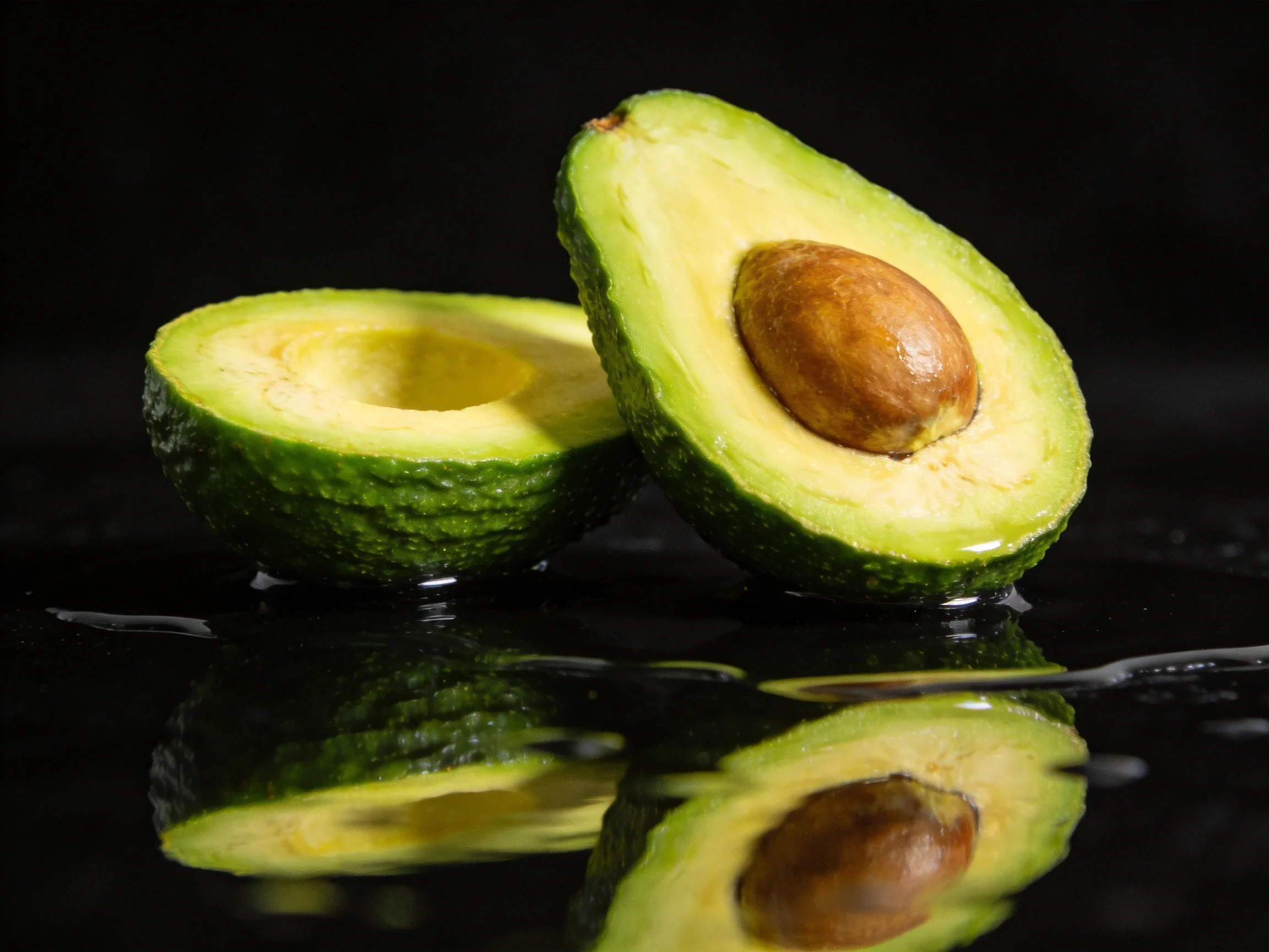Two halved avocados with green flesh and brown pits on a glossy black surface