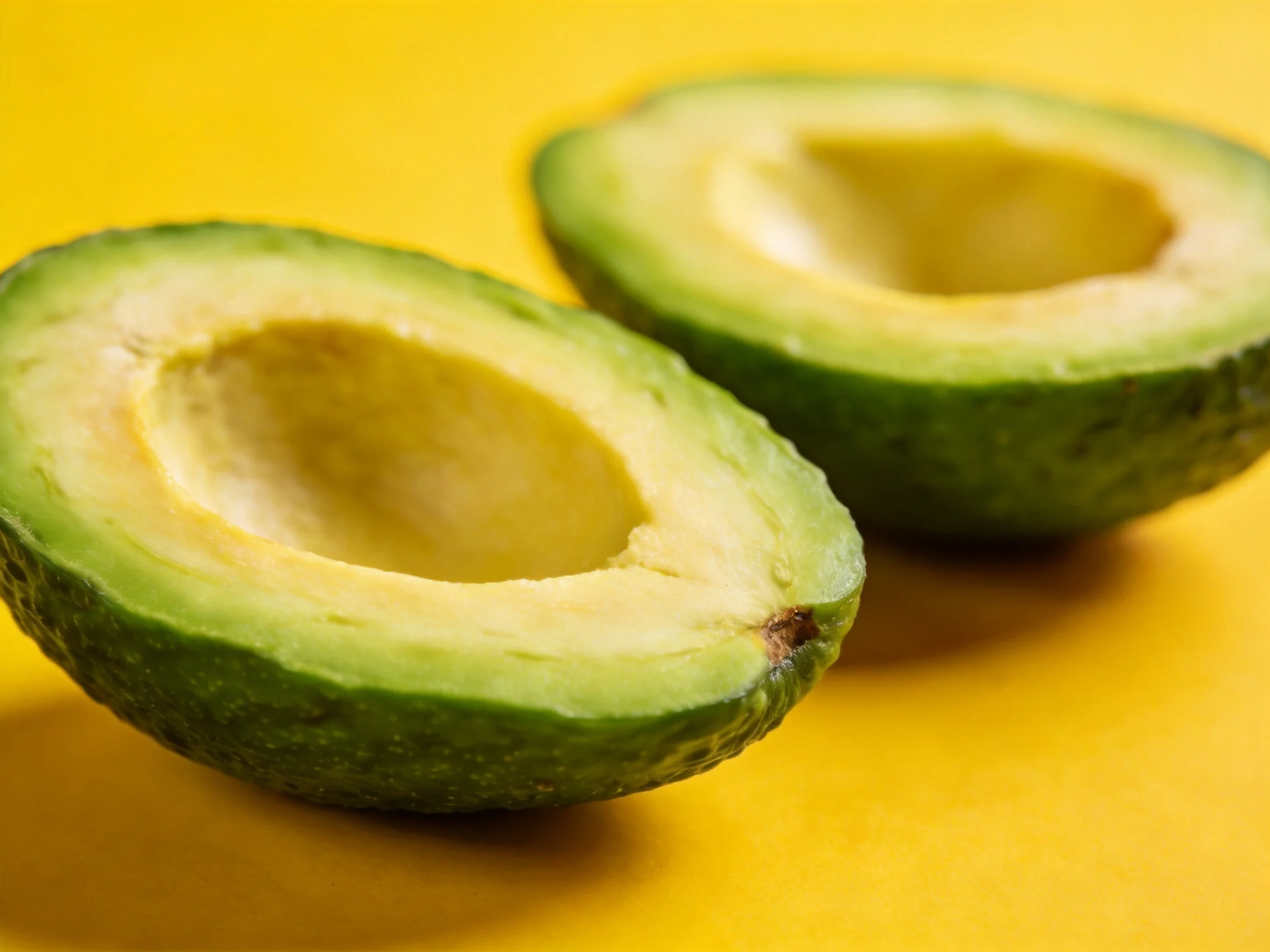 Two halved avocados with green skin and creamy flesh rest on a yellow surface.
