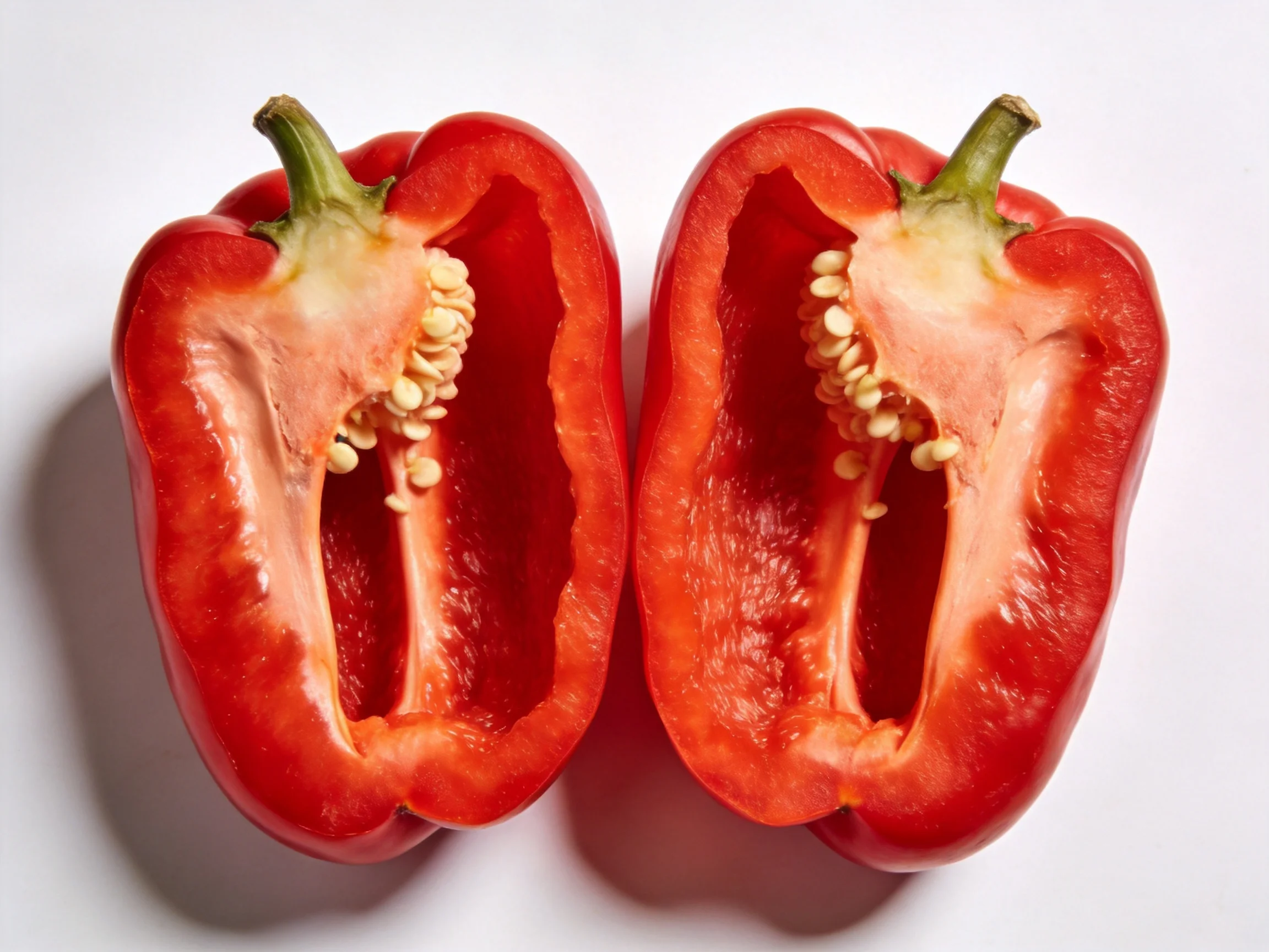 Two halved bright red bell peppers with exposed inner structures