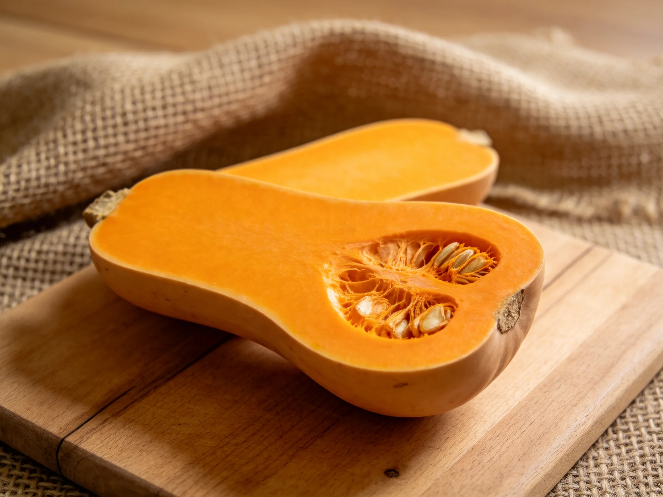 Two halved butternut squashes rest on a wooden cutting board with burlap fabric