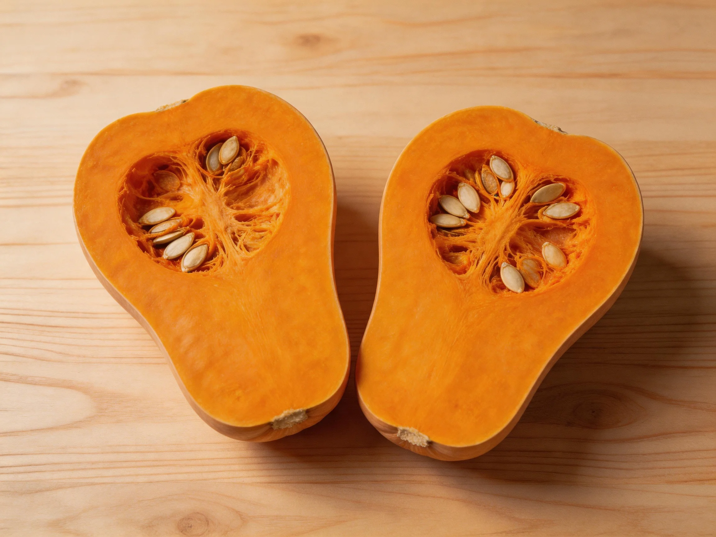 Two halved orange butternut squashes on a wooden surface