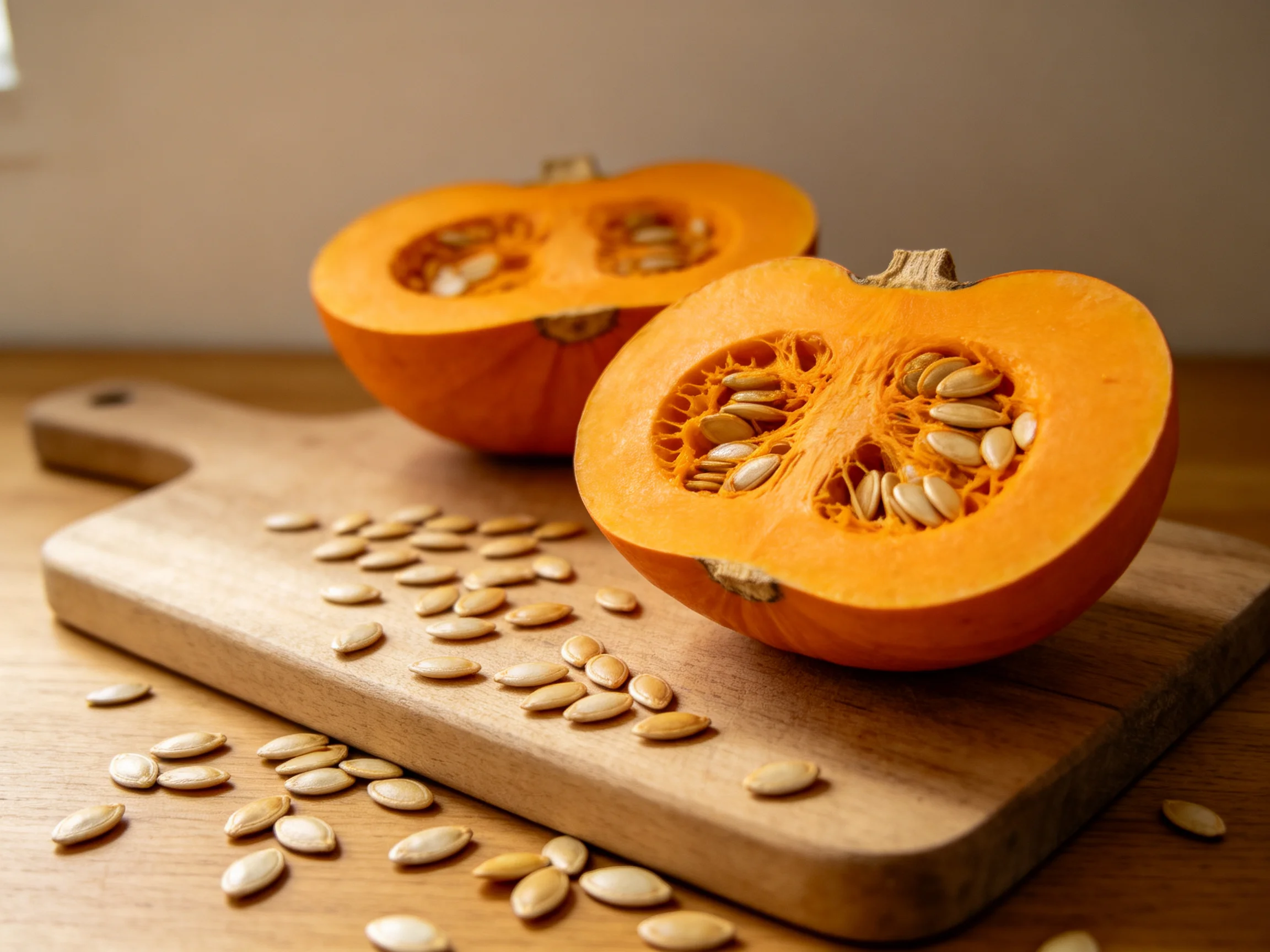 Two halved orange pumpkins with seeds on a wooden cutting board