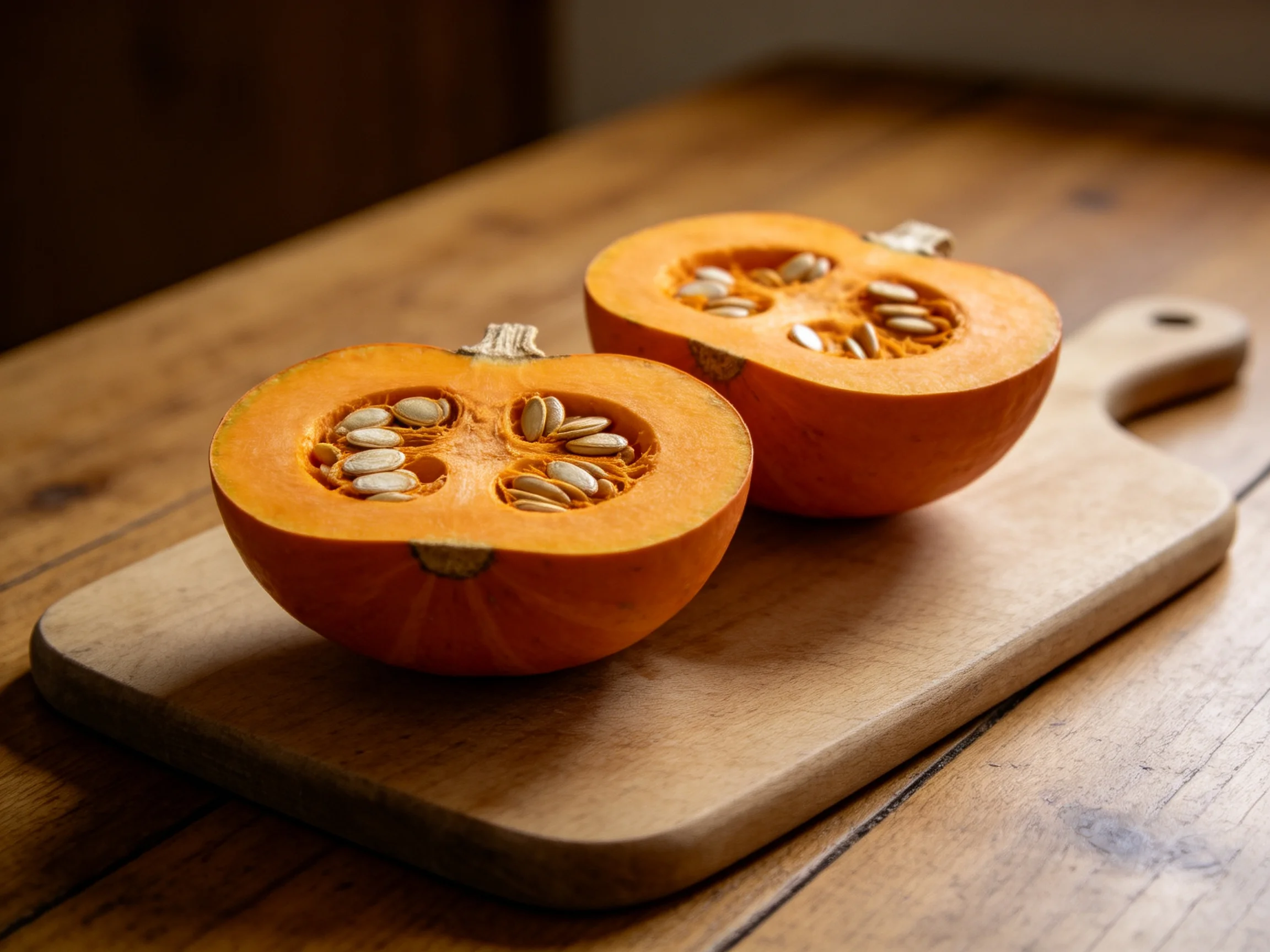 Two halved orange squashes on a wooden cutting board