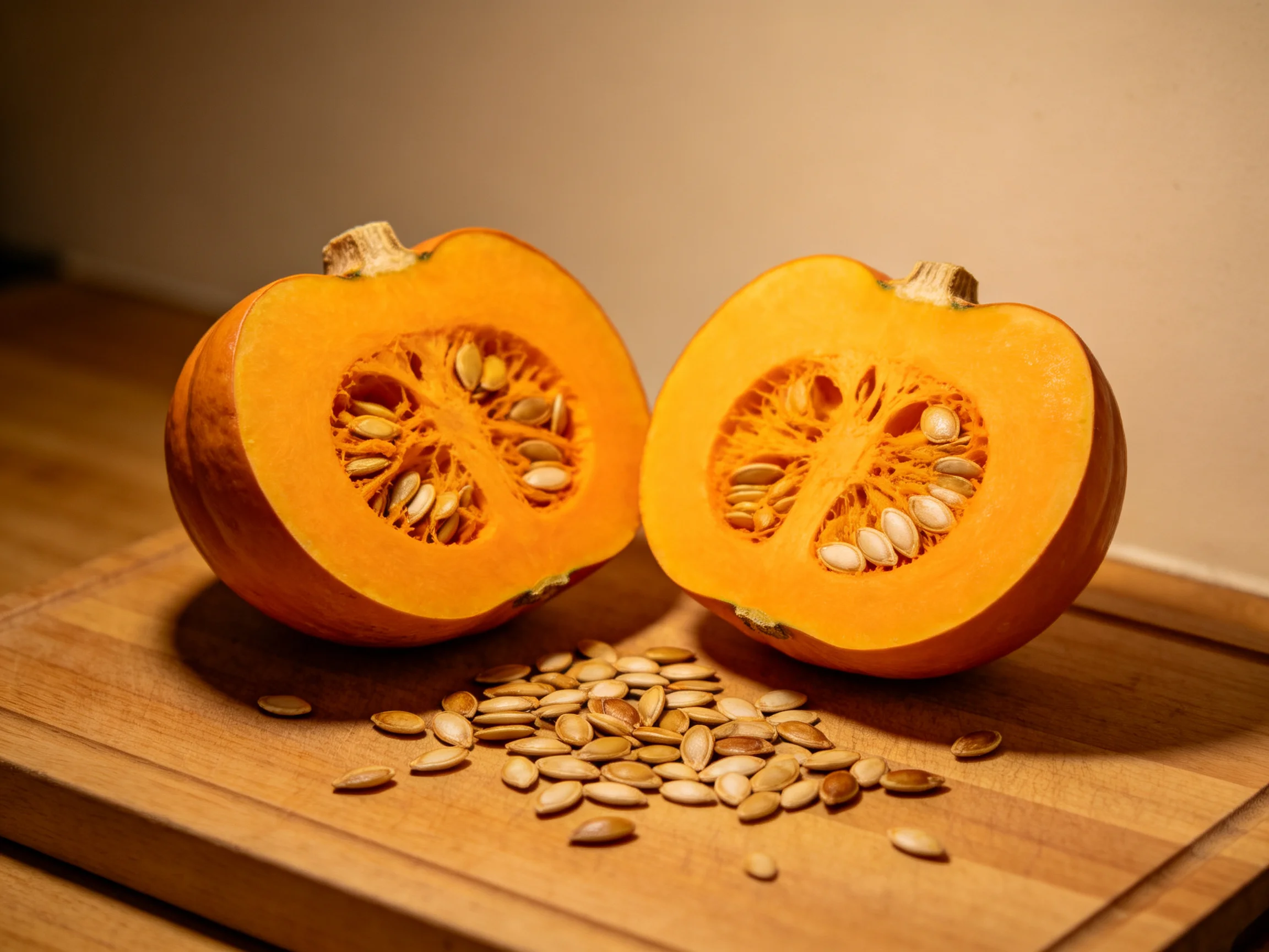 Two halved orange squashes with seeds on a wooden cutting board