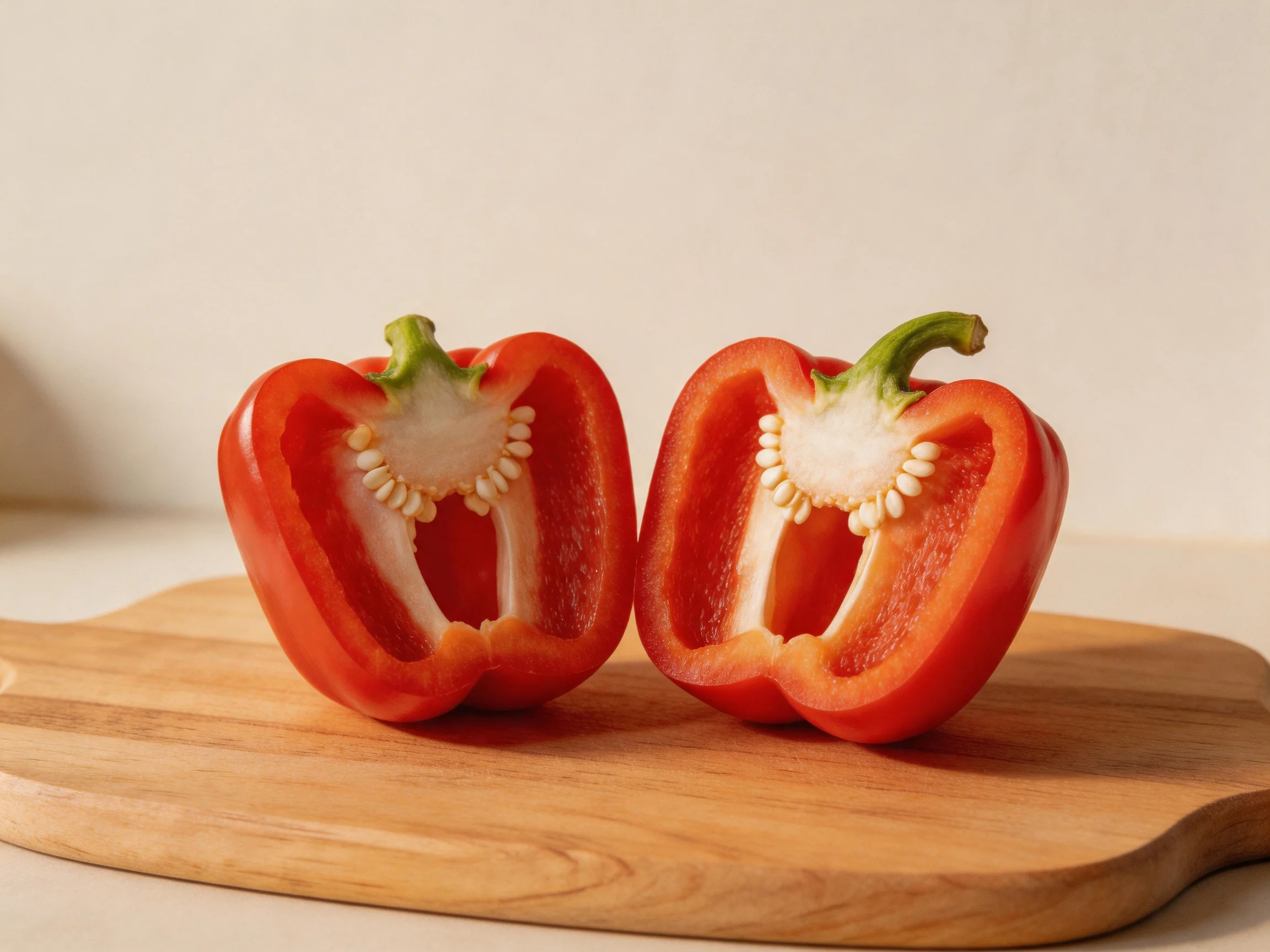 Two halved red bell peppers on a wooden cutting board
