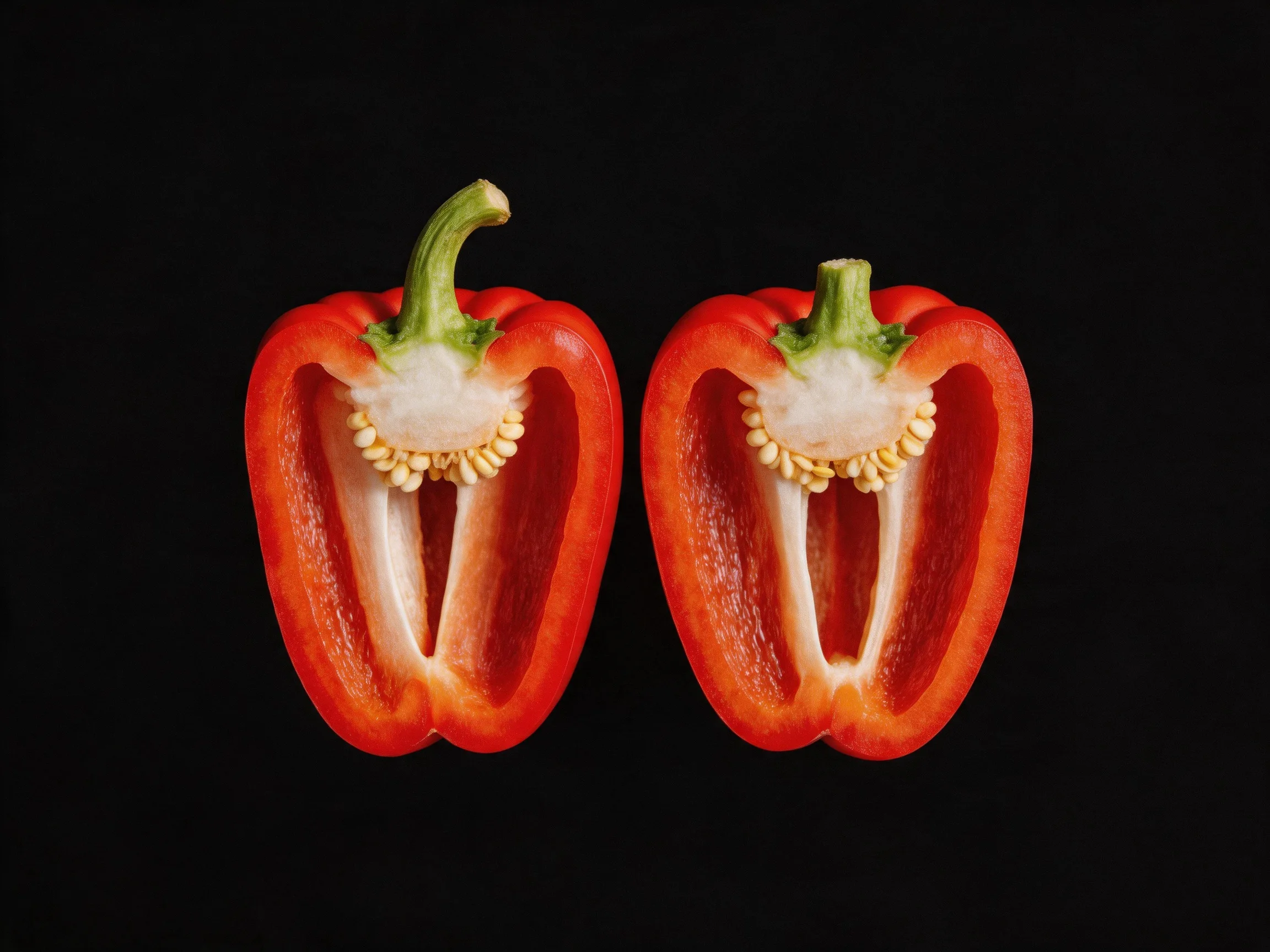 Two halved red bell peppers with green stems on a black background