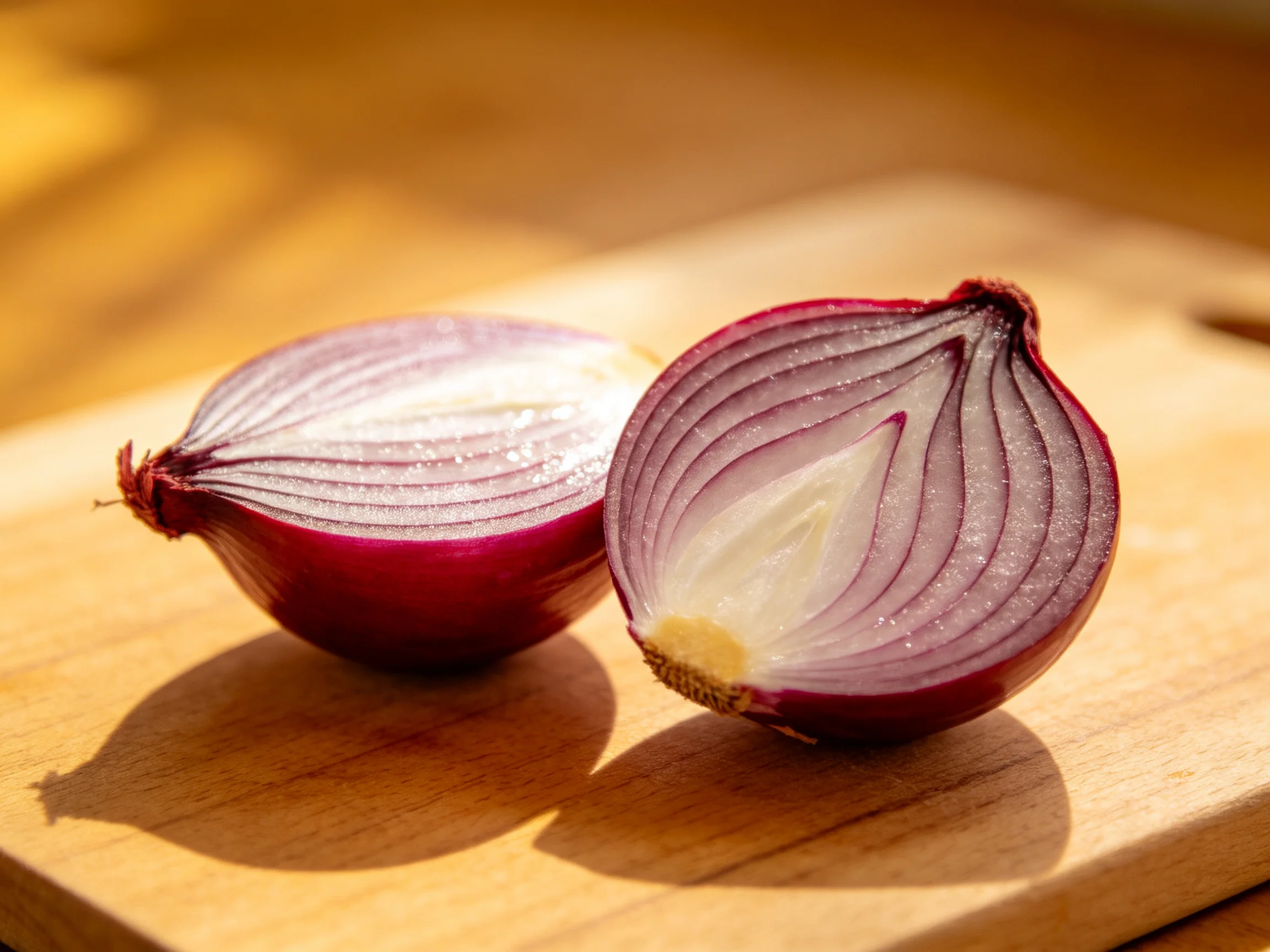 Two halved red onions with purple skins rest on a light wooden cutting board
