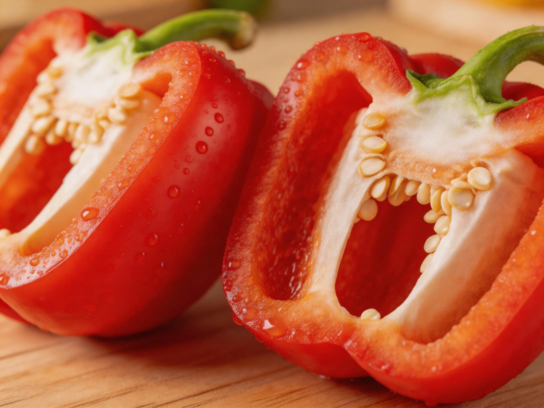 Two halved vibrant red bell peppers with visible seeds and green stems
