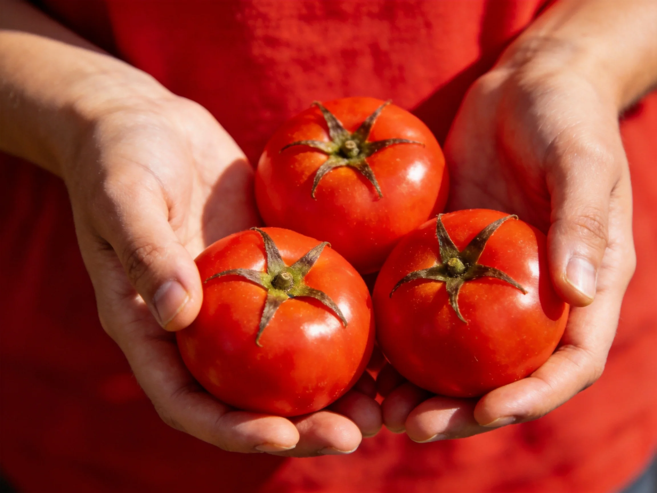 Two hands hold three ripe red tomatoes with red fabric behind