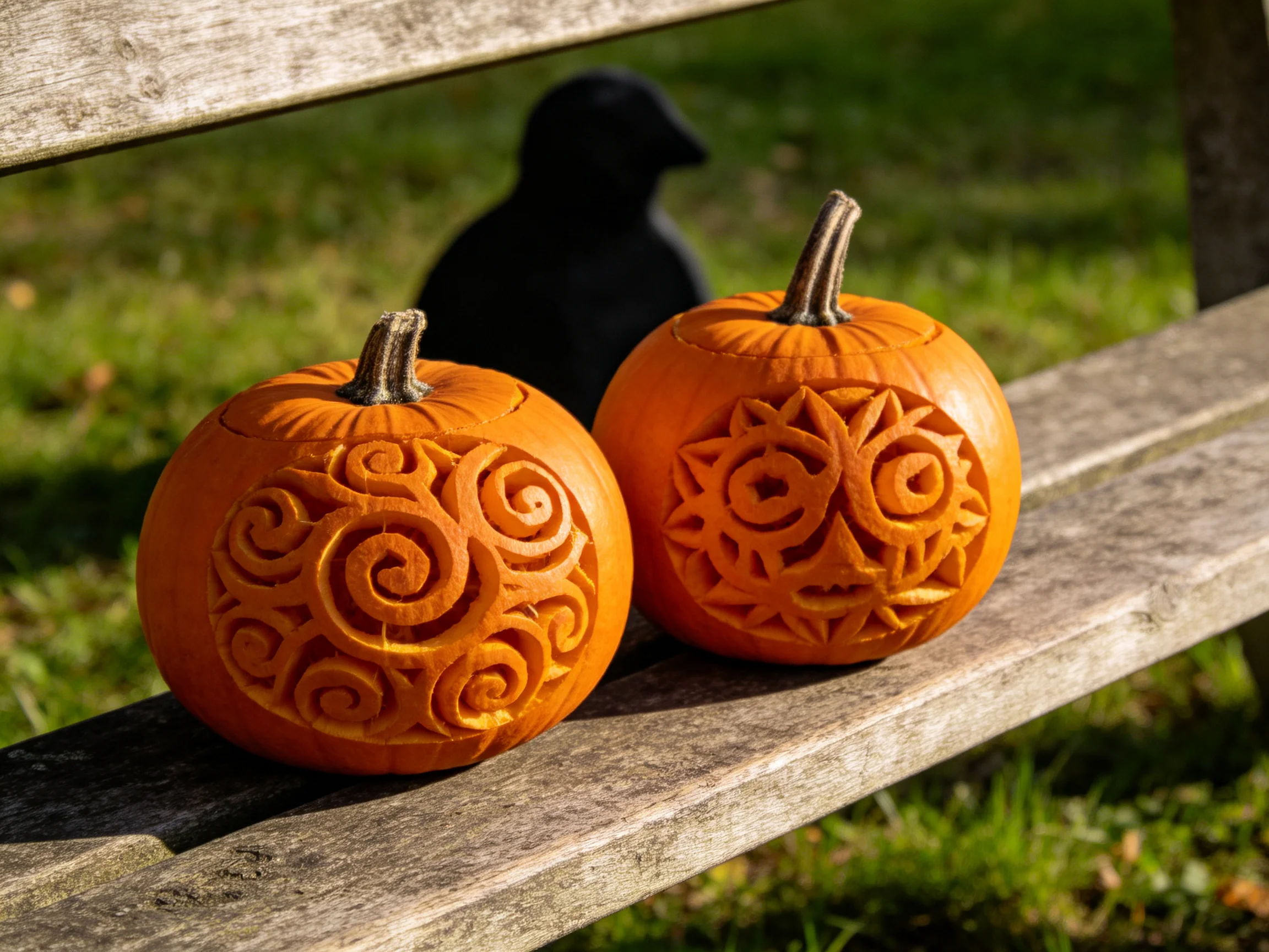 Two intricately carved orange pumpkins sit on a weathered wooden bench beside a dark bird silhouette