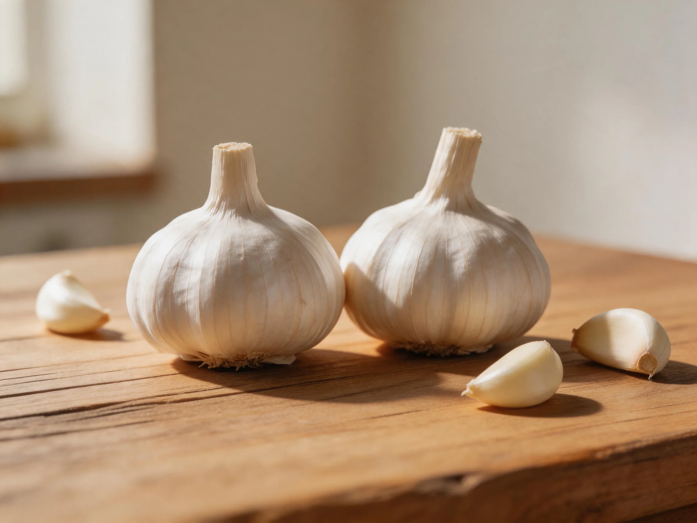 Two large garlic bulbs and several cloves on a wooden table