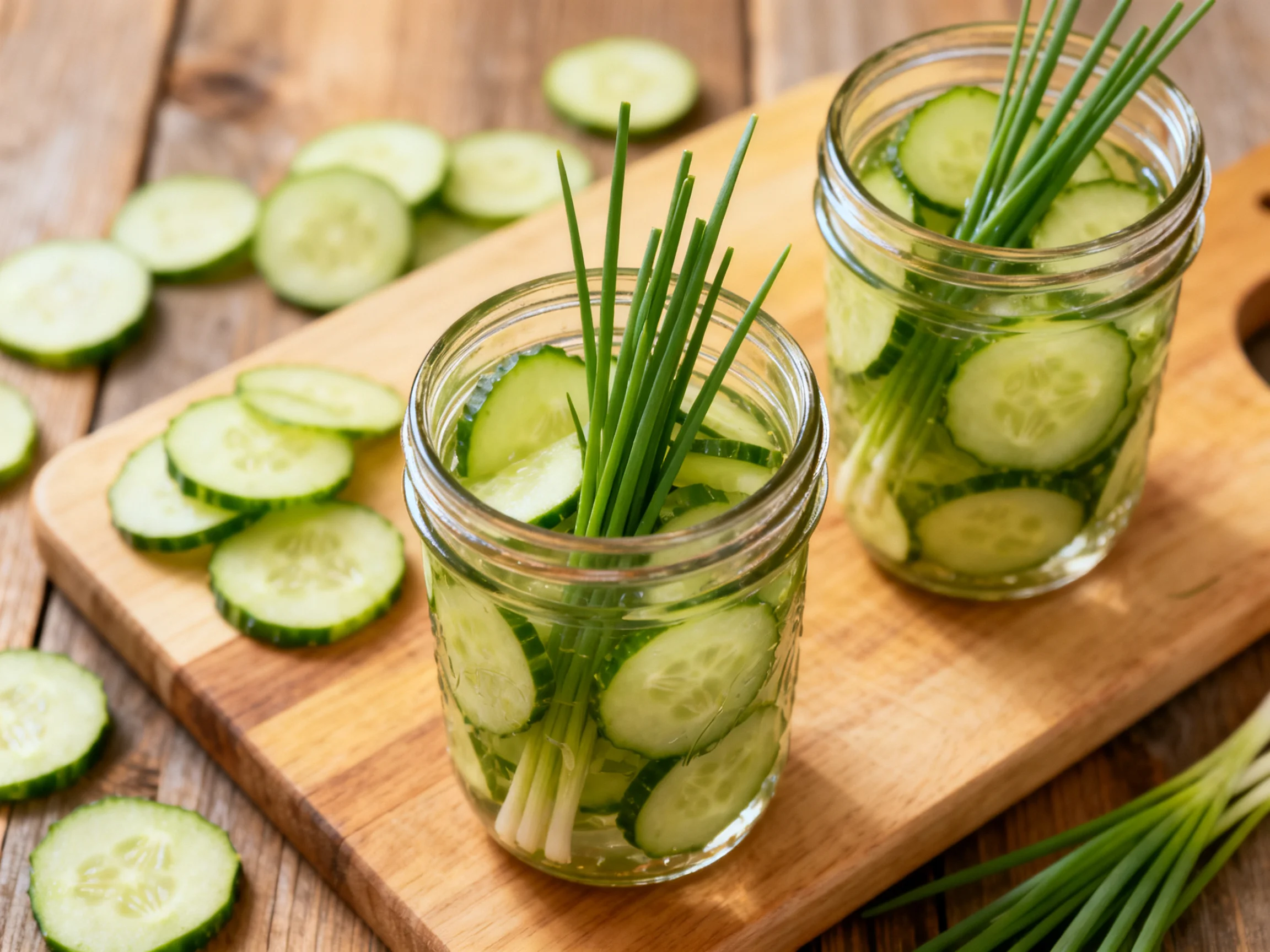 Two mason jars with sliced cucumbers and chive stems