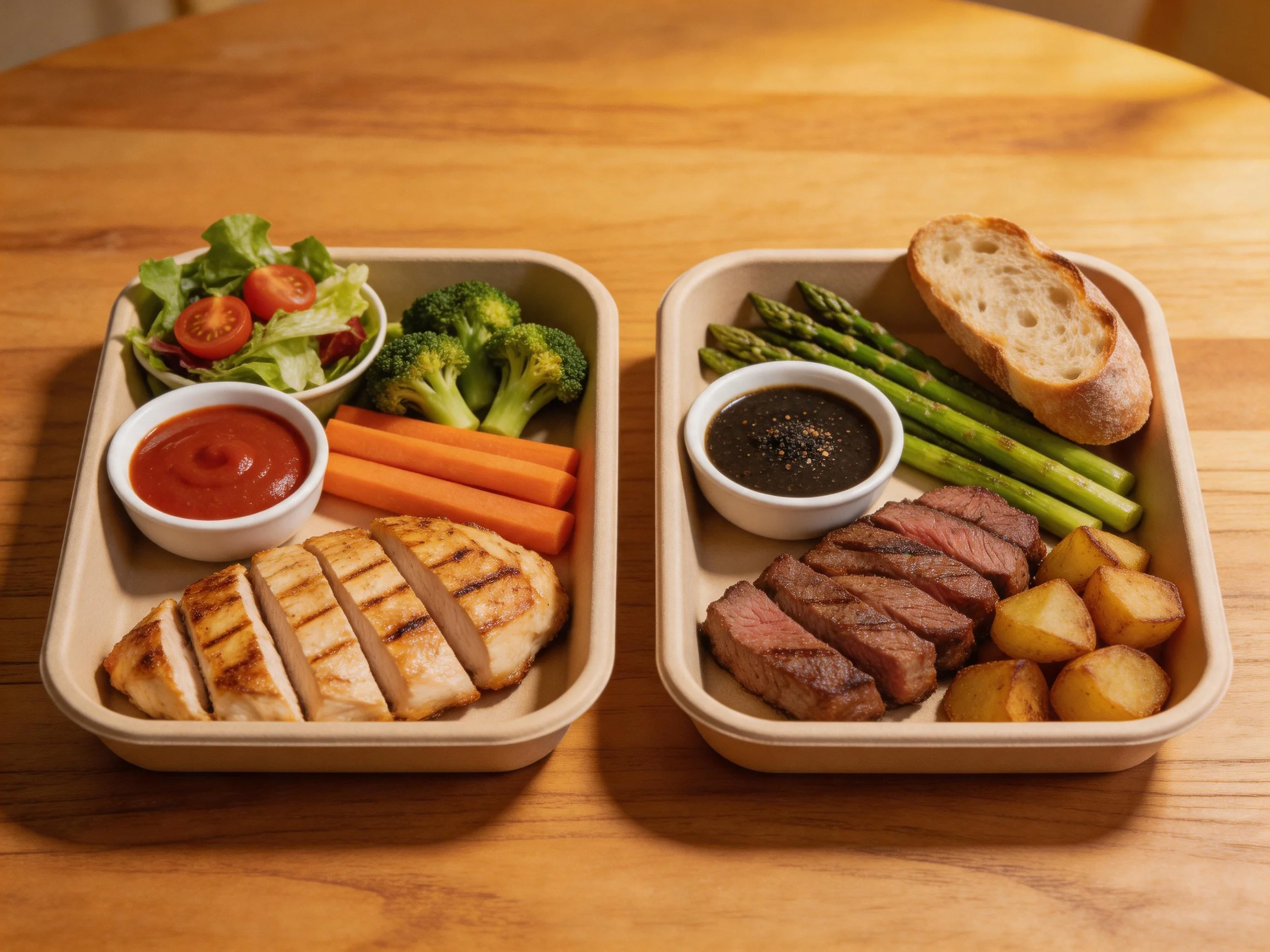 Two meal trays display grilled chicken, steak, vegetables, and sauces on a wooden table