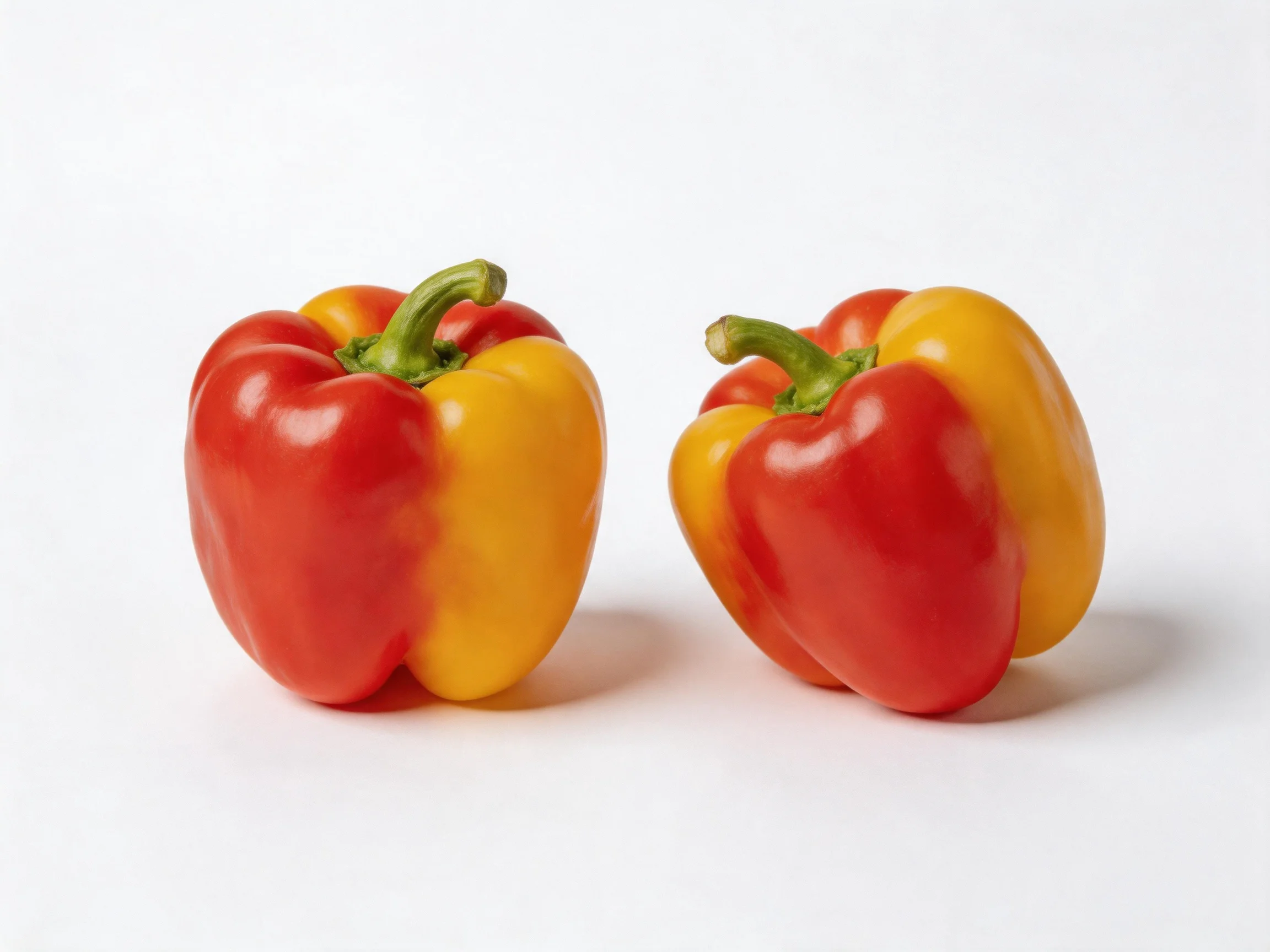 Two multicolored bell peppers with red and yellow sections