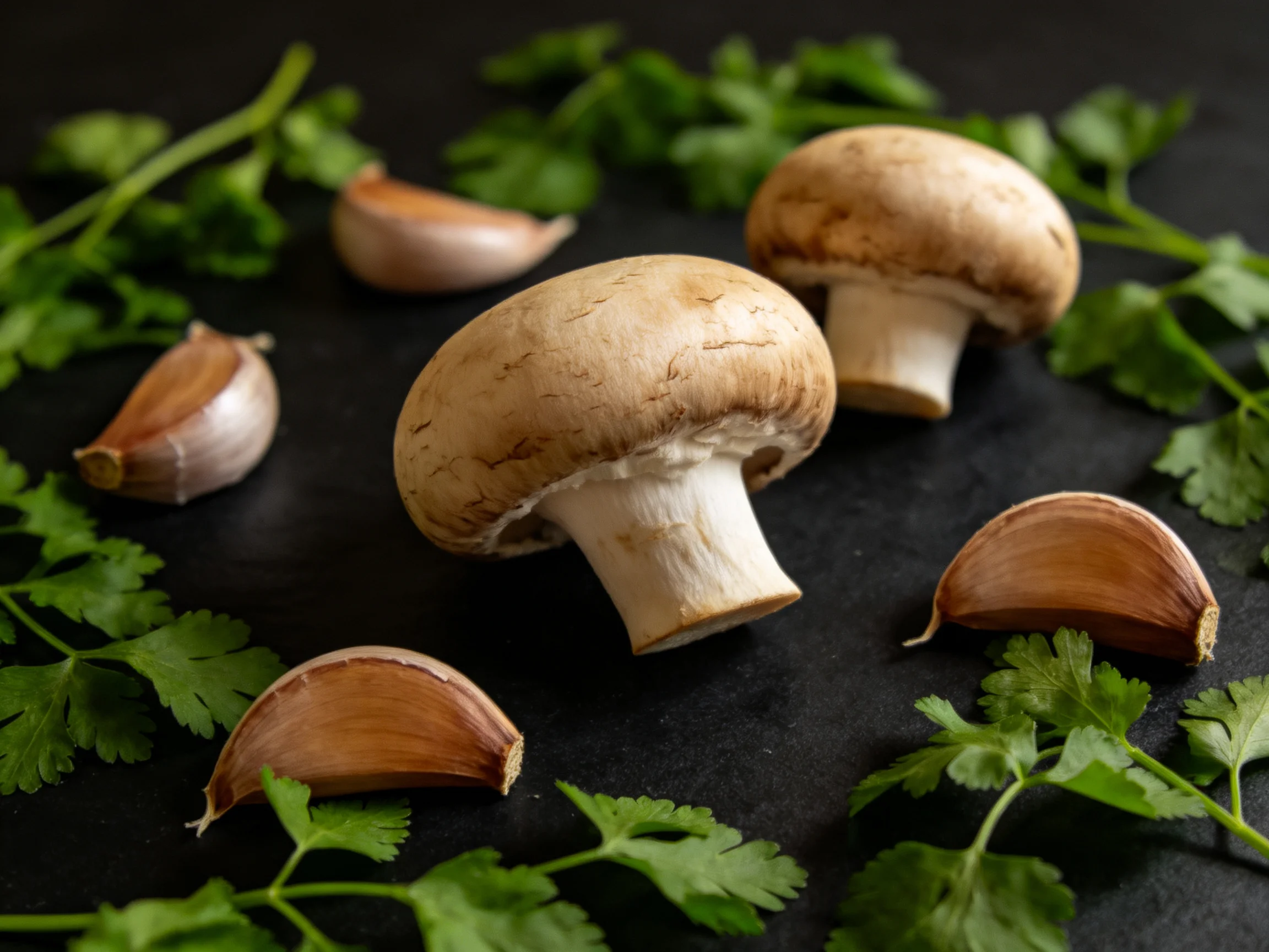Two mushrooms, several garlic cloves, and fresh green herbs on a dark surface