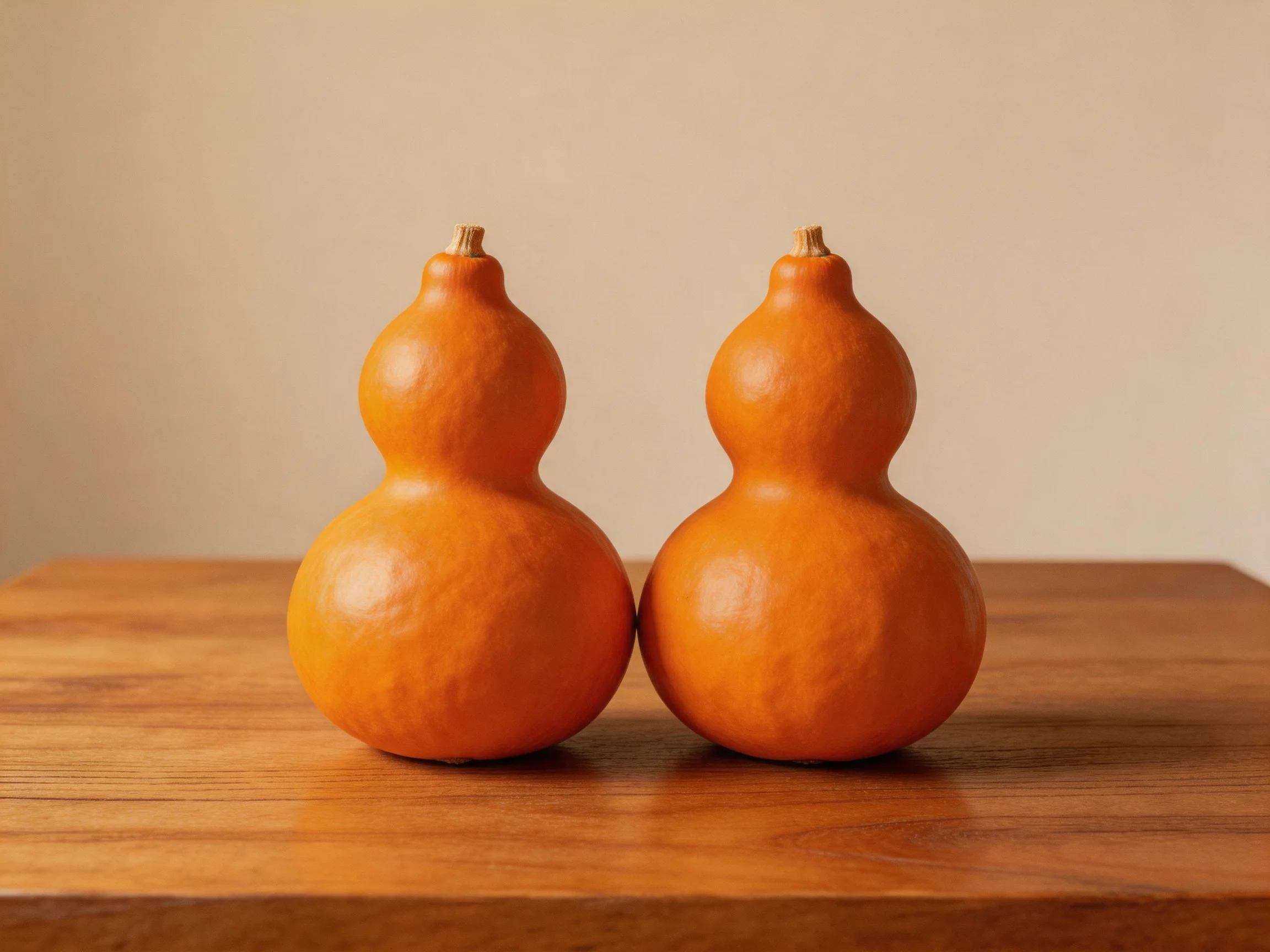 Two orange double-gourd shaped objects rest side by side on a polished wooden table