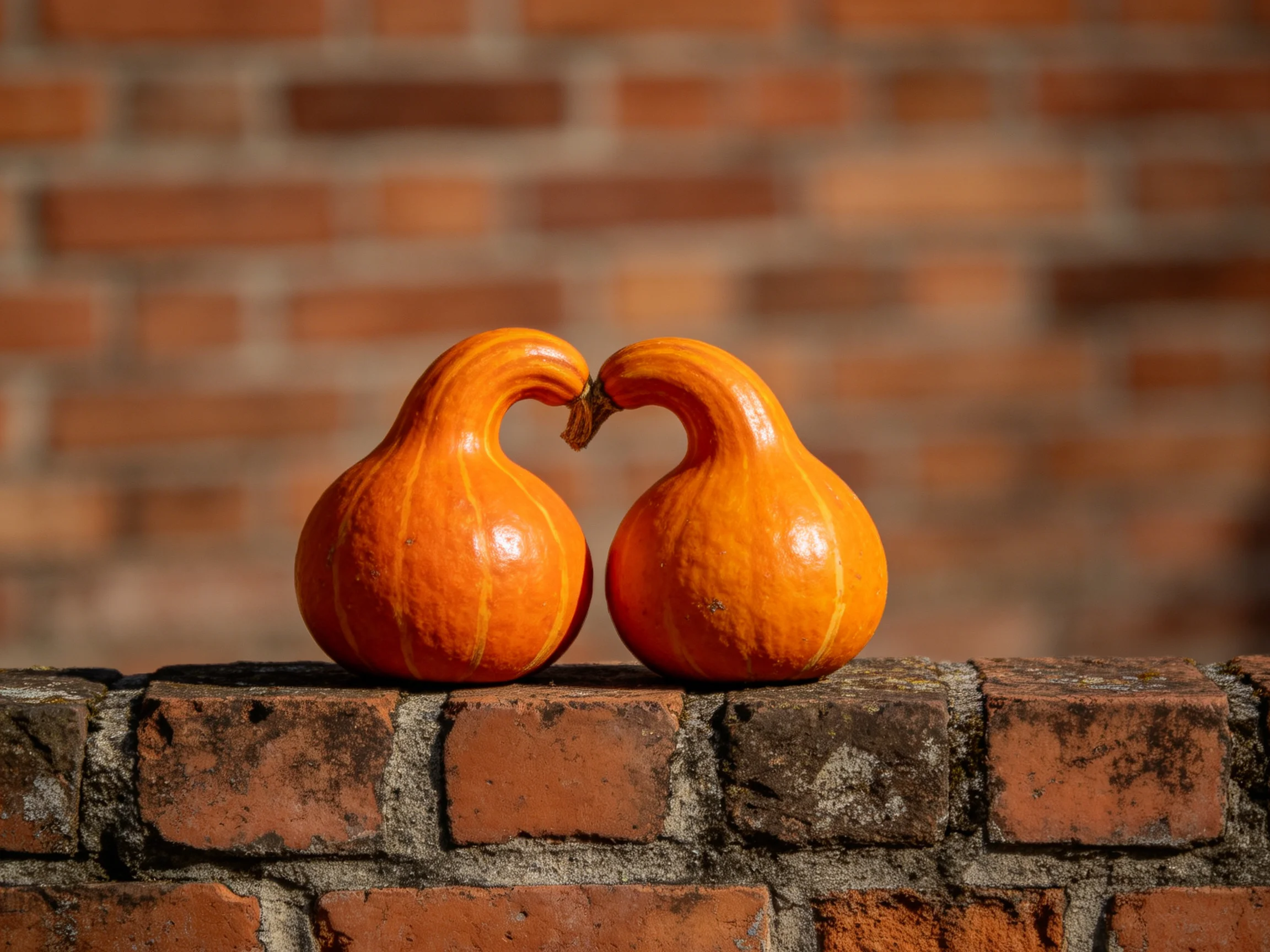 Two orange gourds with curved necks sit atop a brick wall