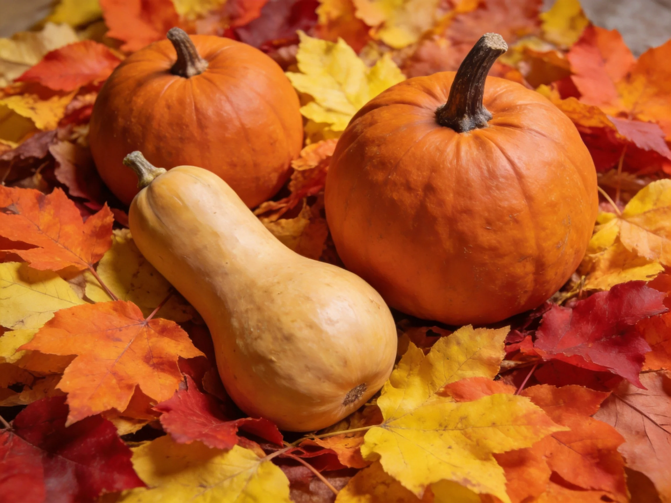 Two orange pumpkins, a beige squash, and colorful autumn leaves