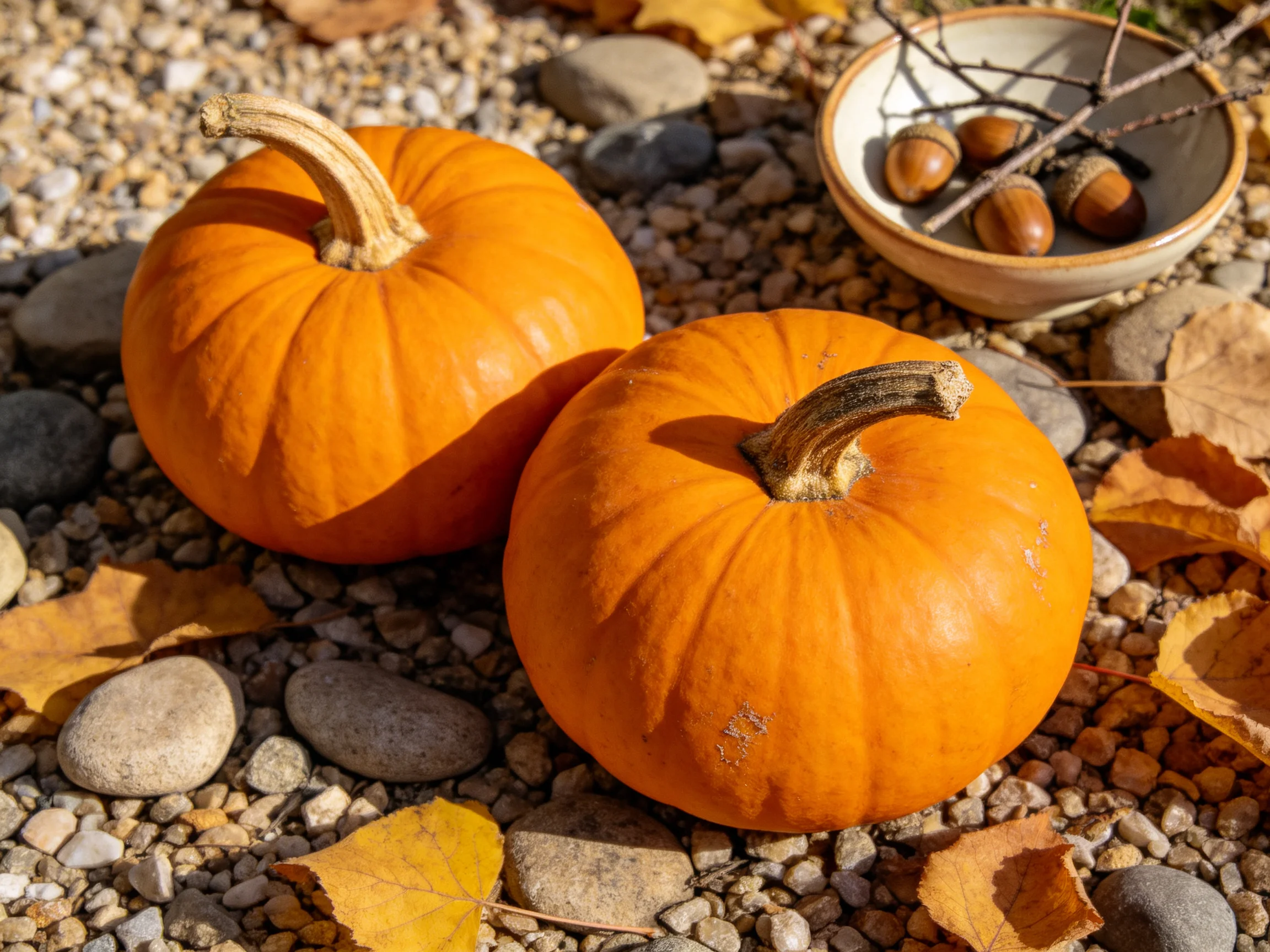 Two orange pumpkins on gravel with an acorn bowl and autumn leaves