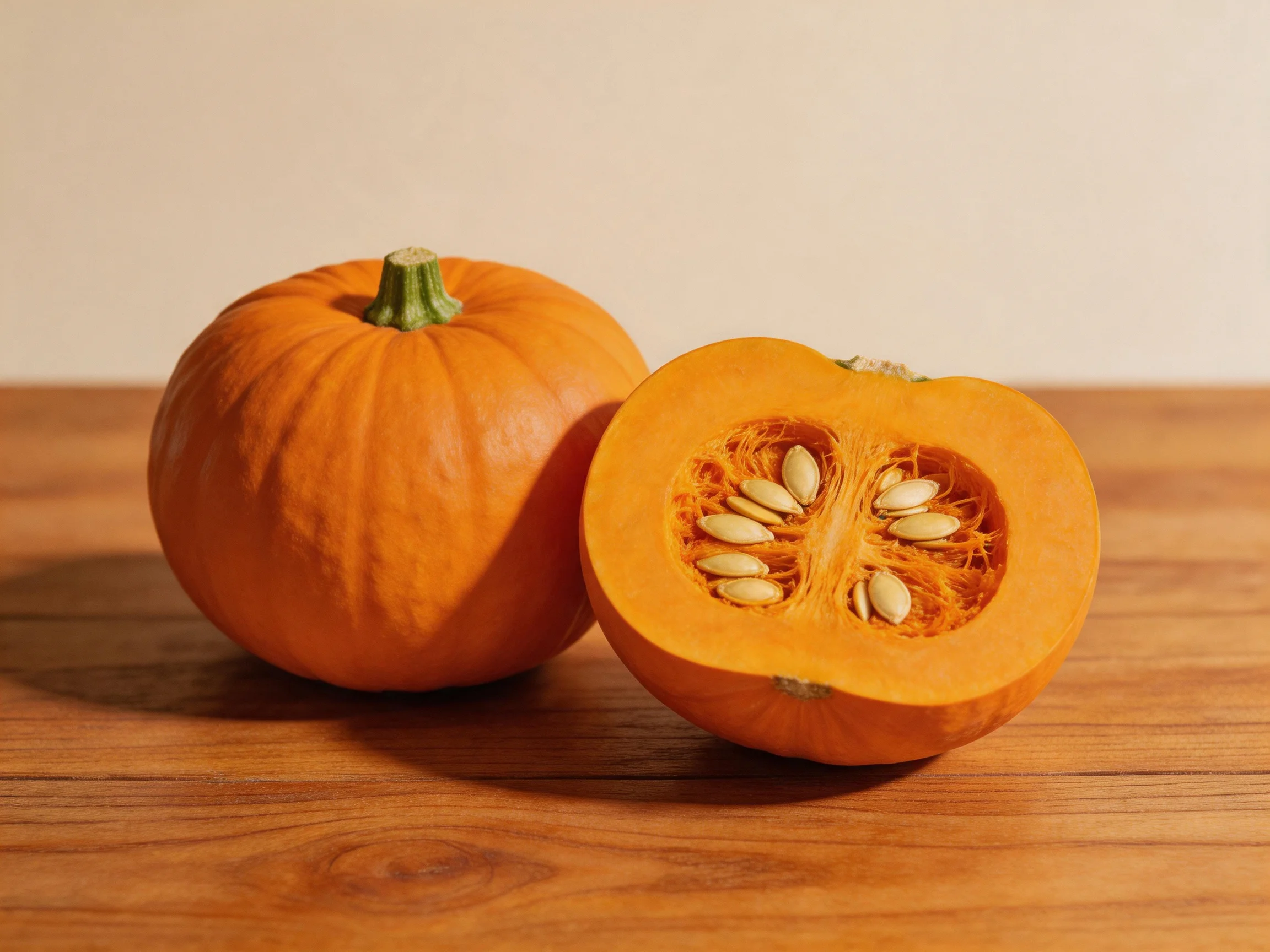 Two orange pumpkins, one whole and one halved, on a wooden surface