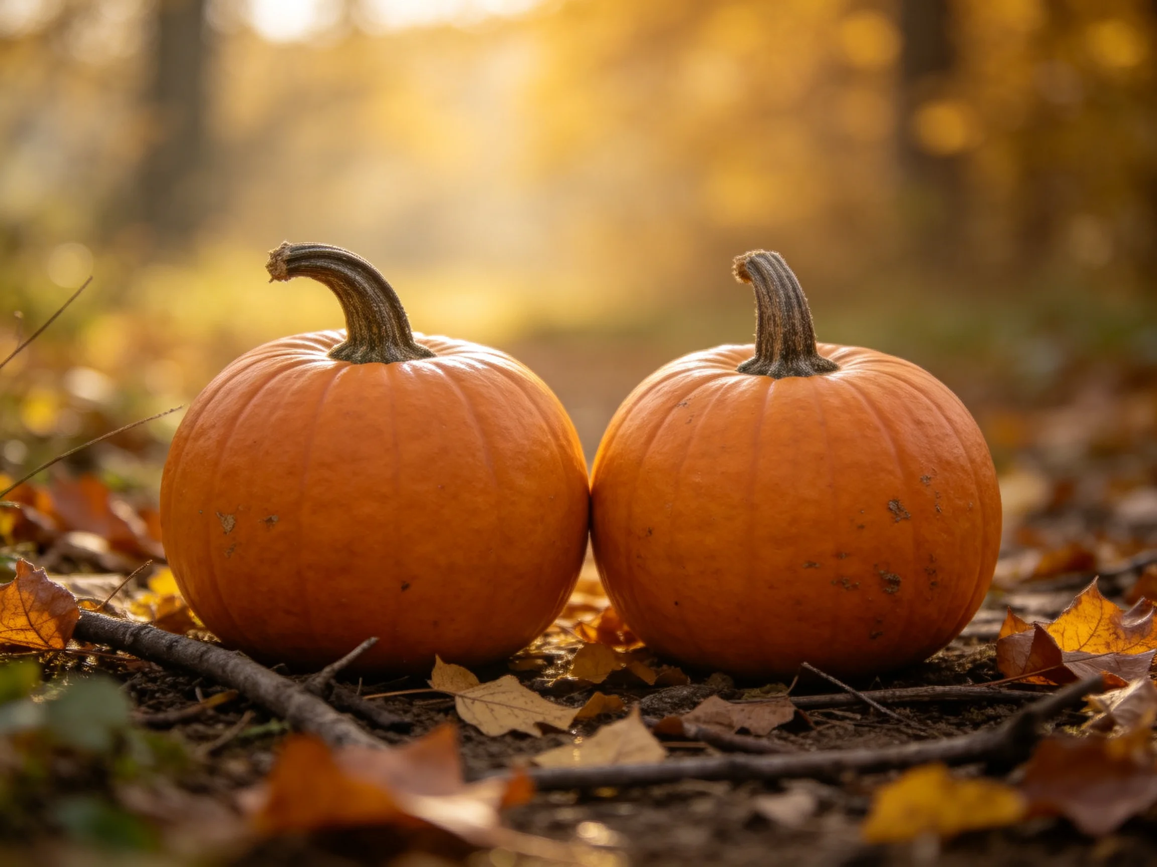 Two orange pumpkins rest among fallen leaves in a sunlit forest clearing