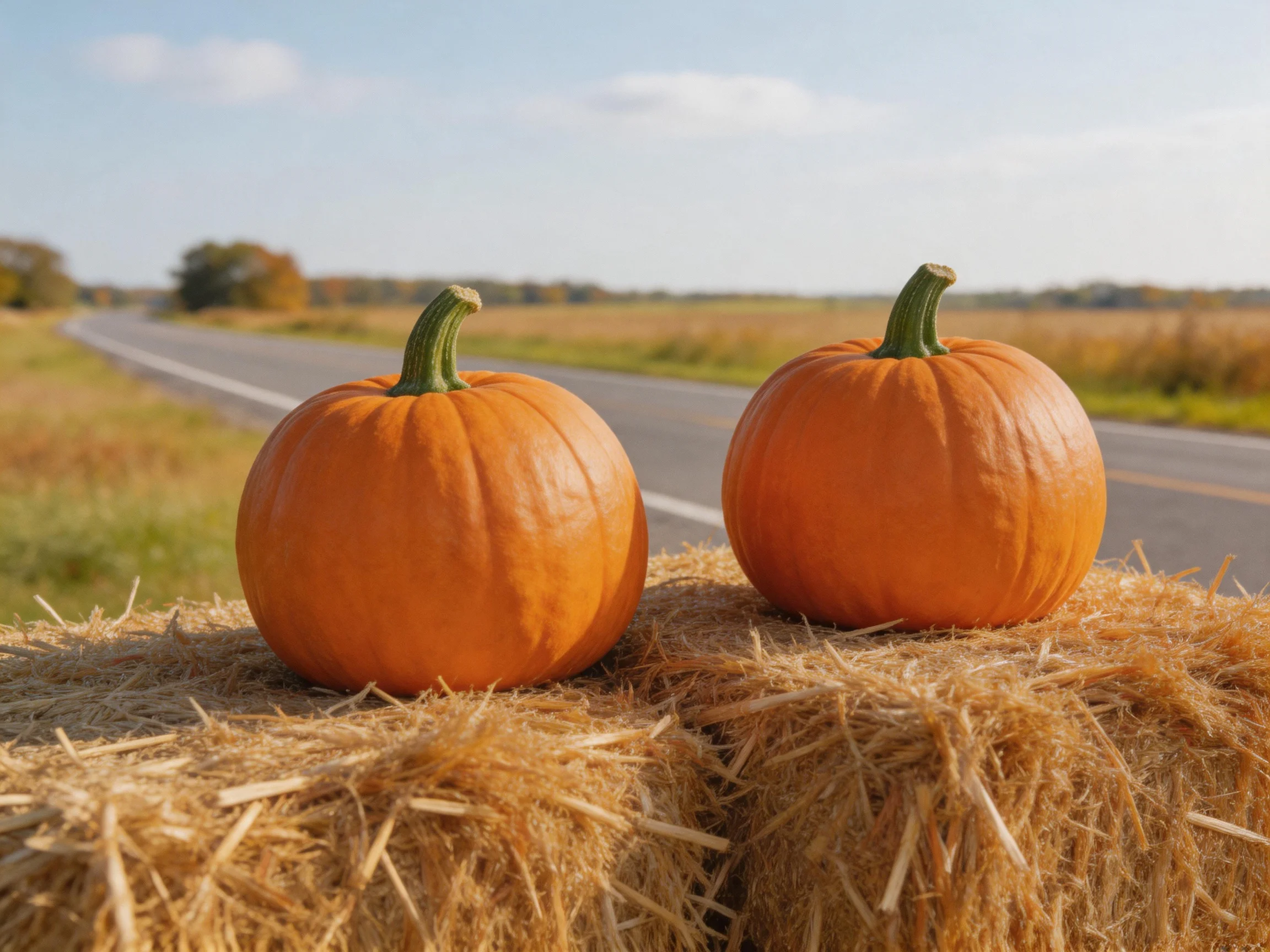 Two orange pumpkins rest atop golden hay bales beside a rural road