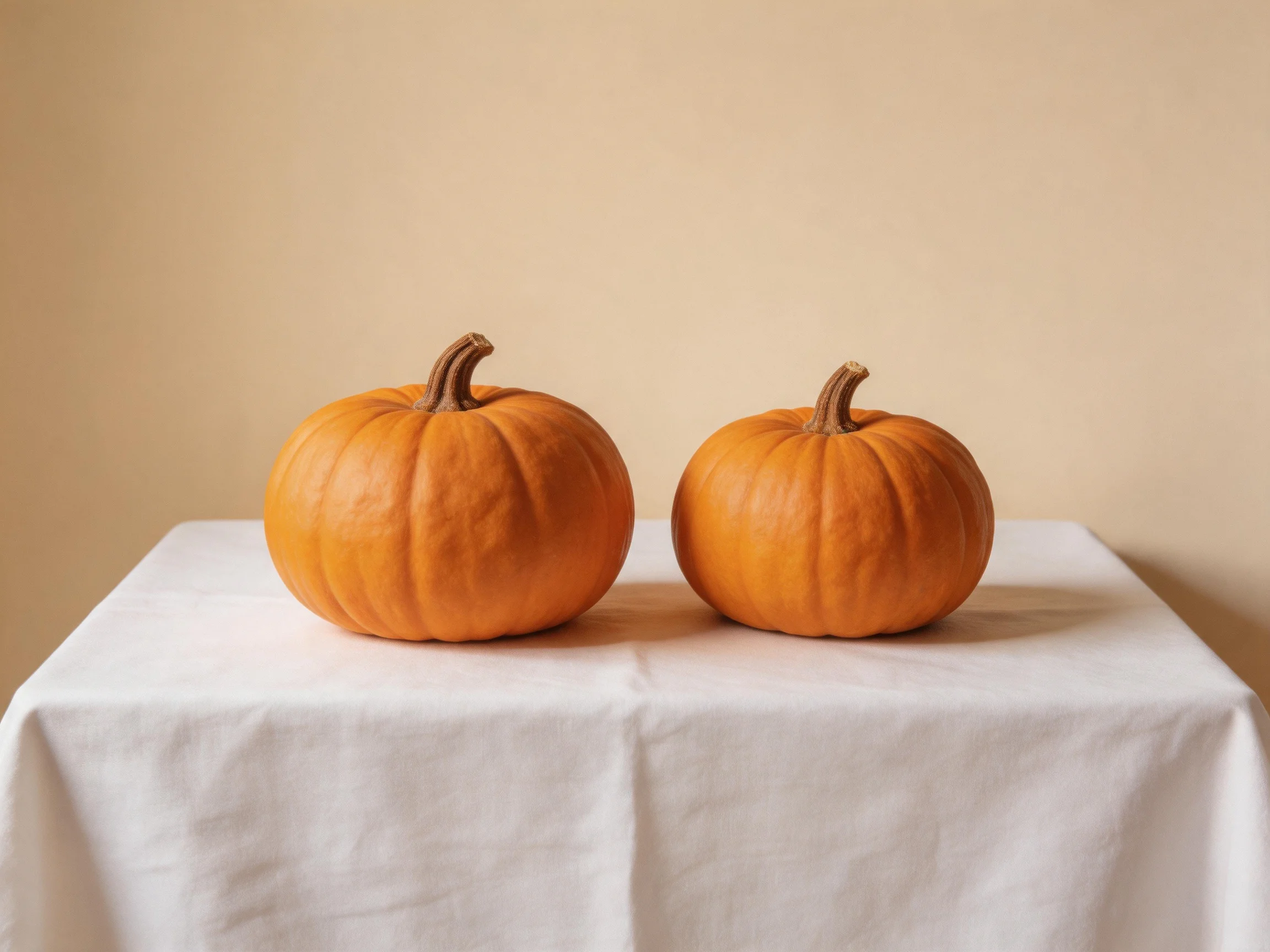 Two orange pumpkins rest on a white tablecloth