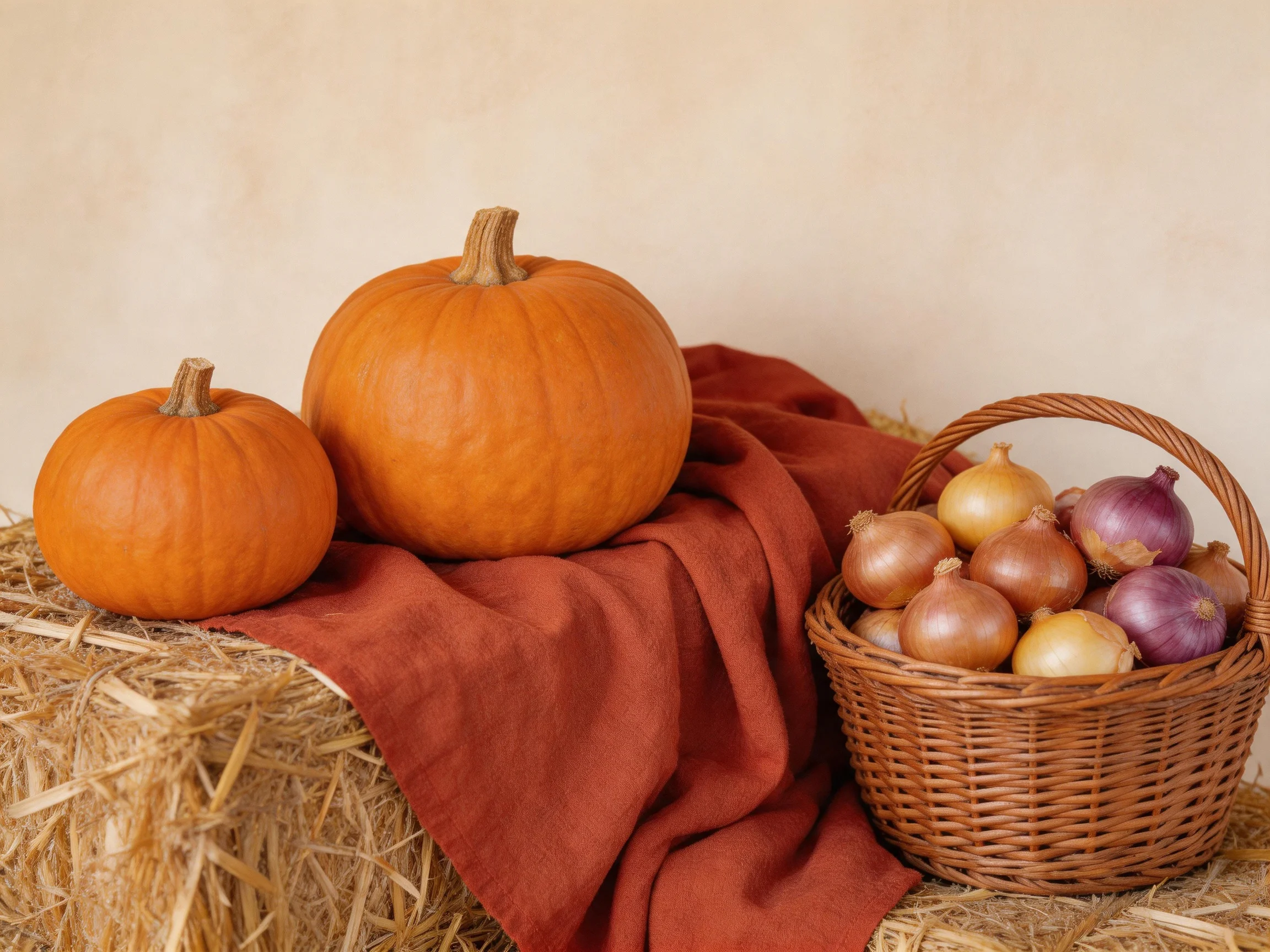 Two orange pumpkins rest on straw near a basket of purple and golden onions