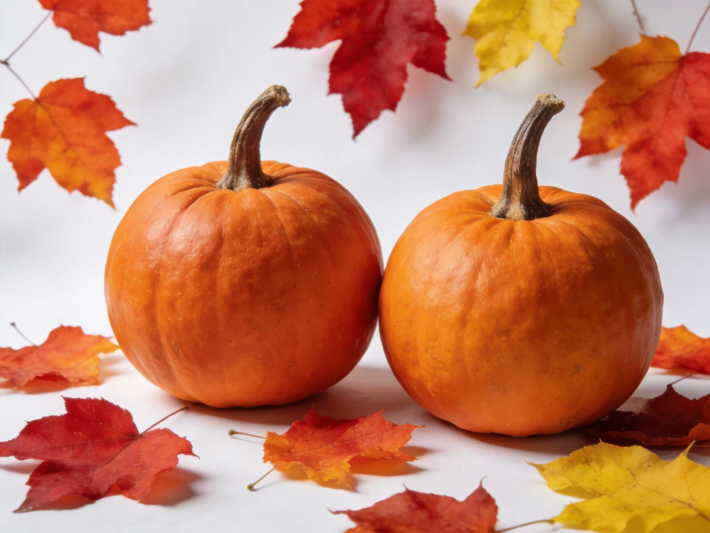 Two orange pumpkins with stems near colorful autumn leaves on a white surface