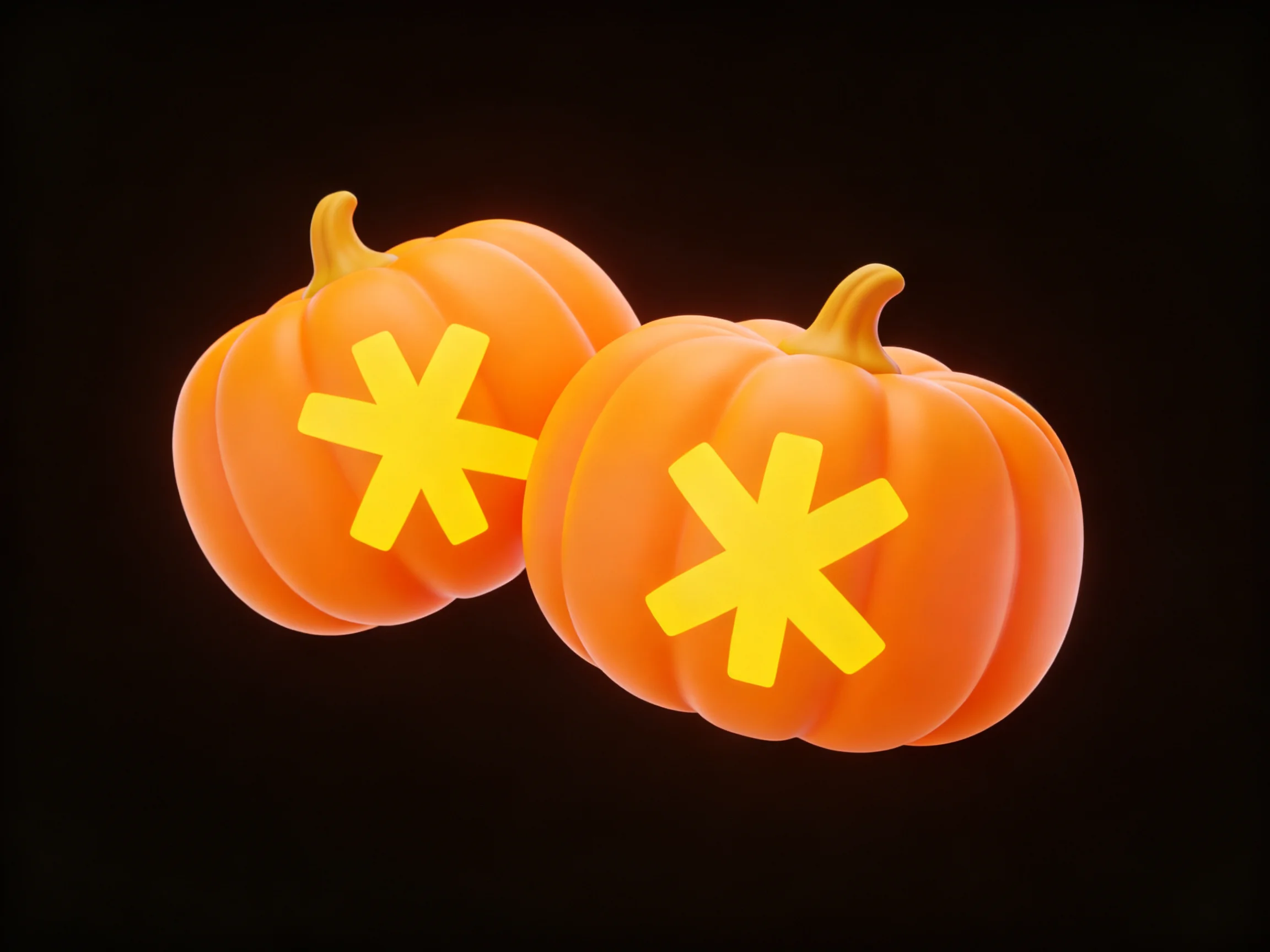 Two orange pumpkins with yellow asterisk symbols on a black background