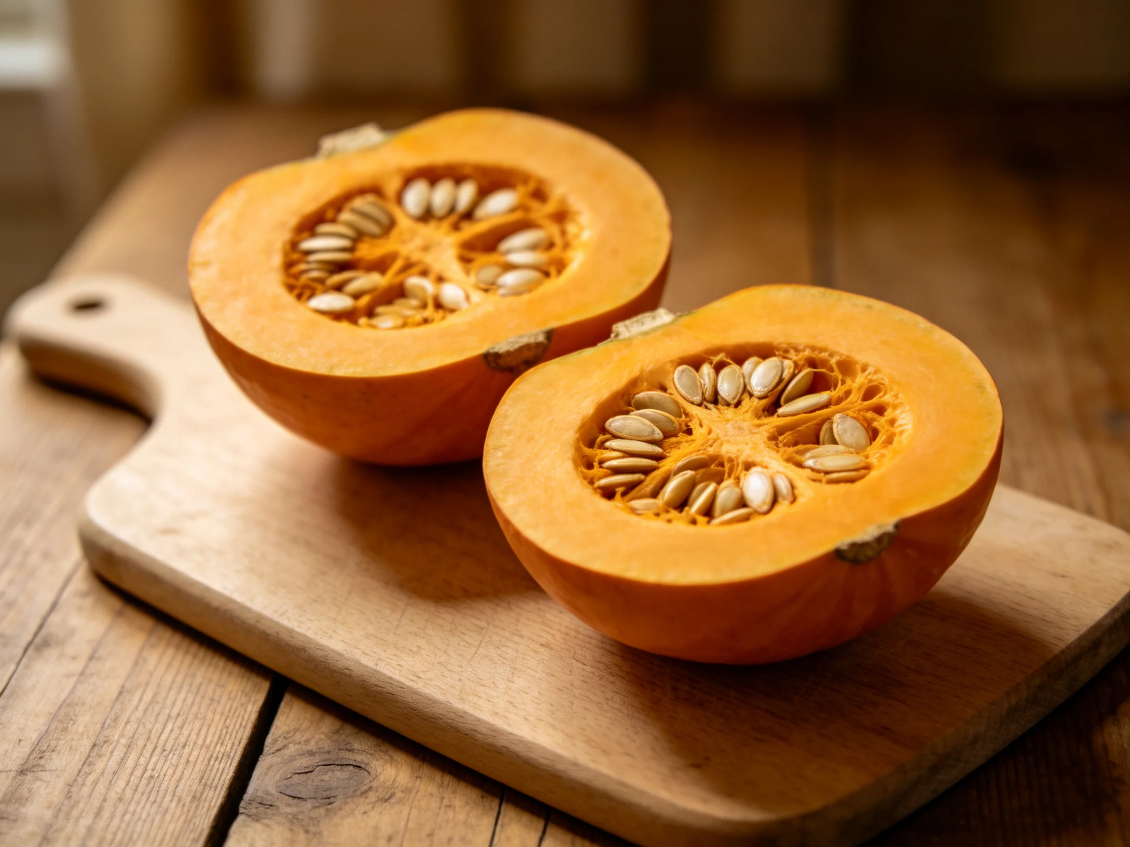 Two orange squash halves sit on a wooden cutting board