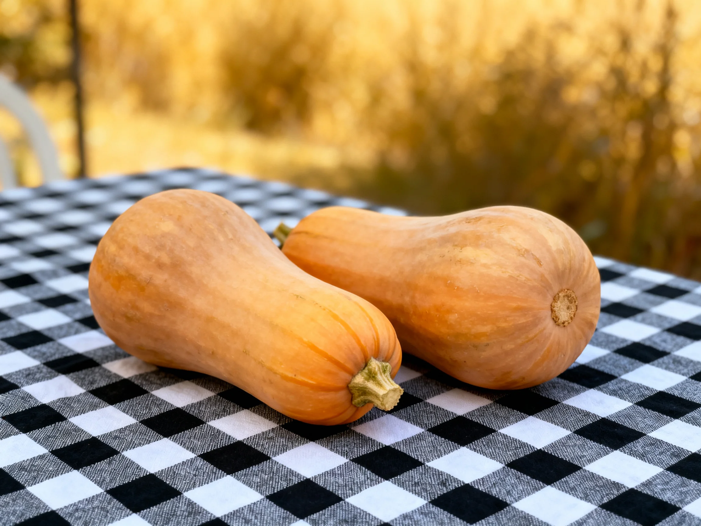 Two orange squash rest on a black-and-white checkered outdoor table