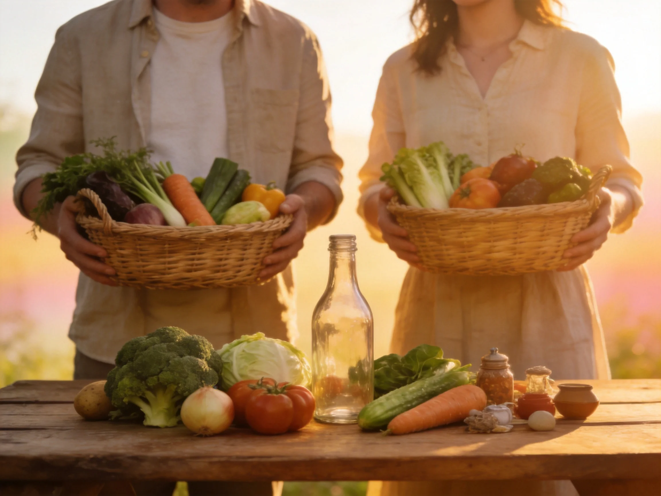 Two people hold baskets of fresh vegetables near a table with produce under sunny light