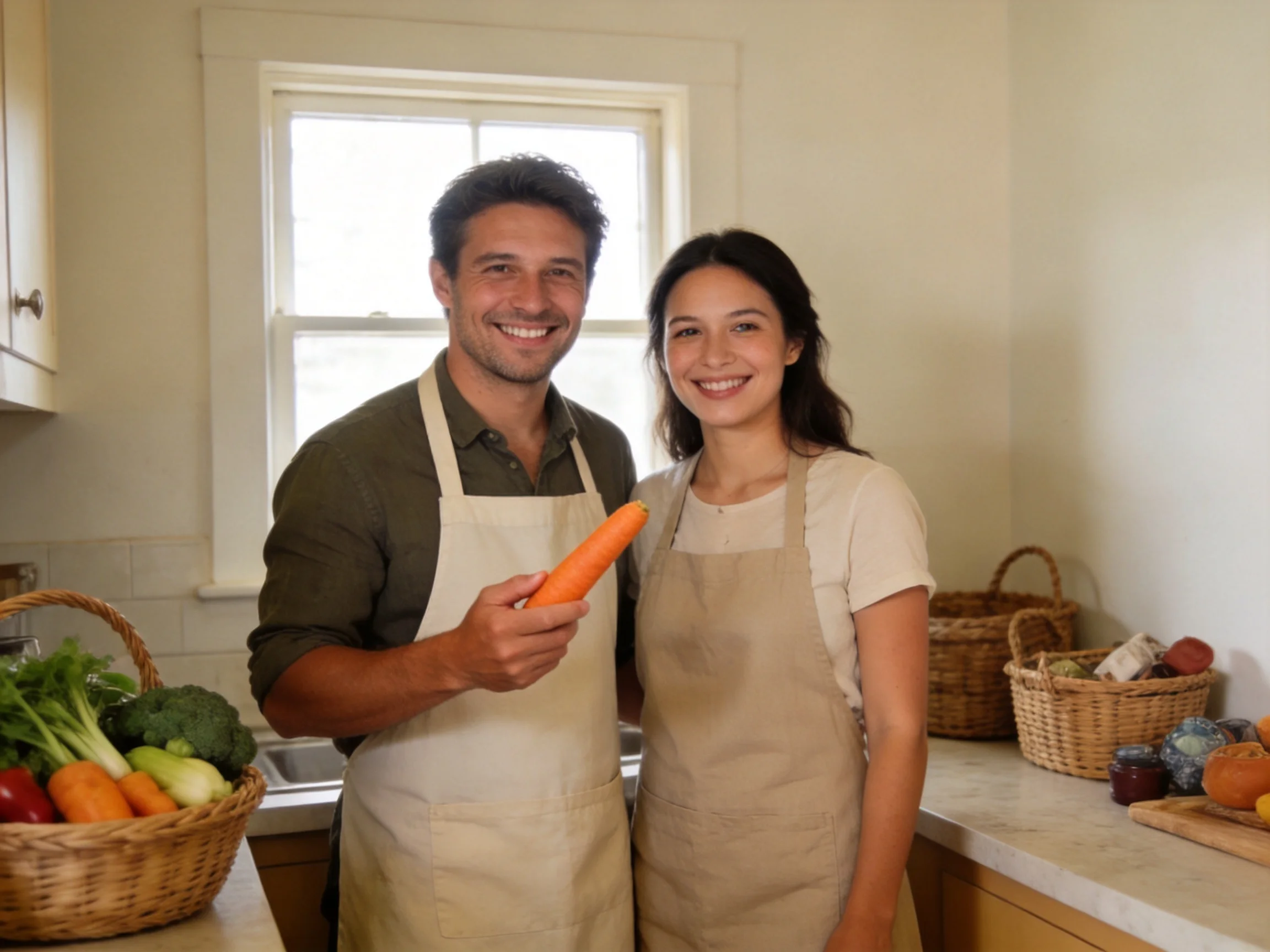 Two people in aprons hold a carrot near vegetable baskets