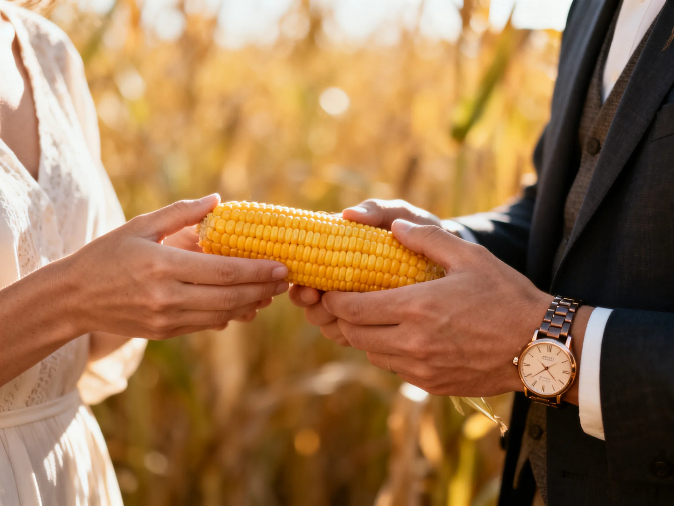 Two people sharing a golden corn cob in a sunlit cornfield