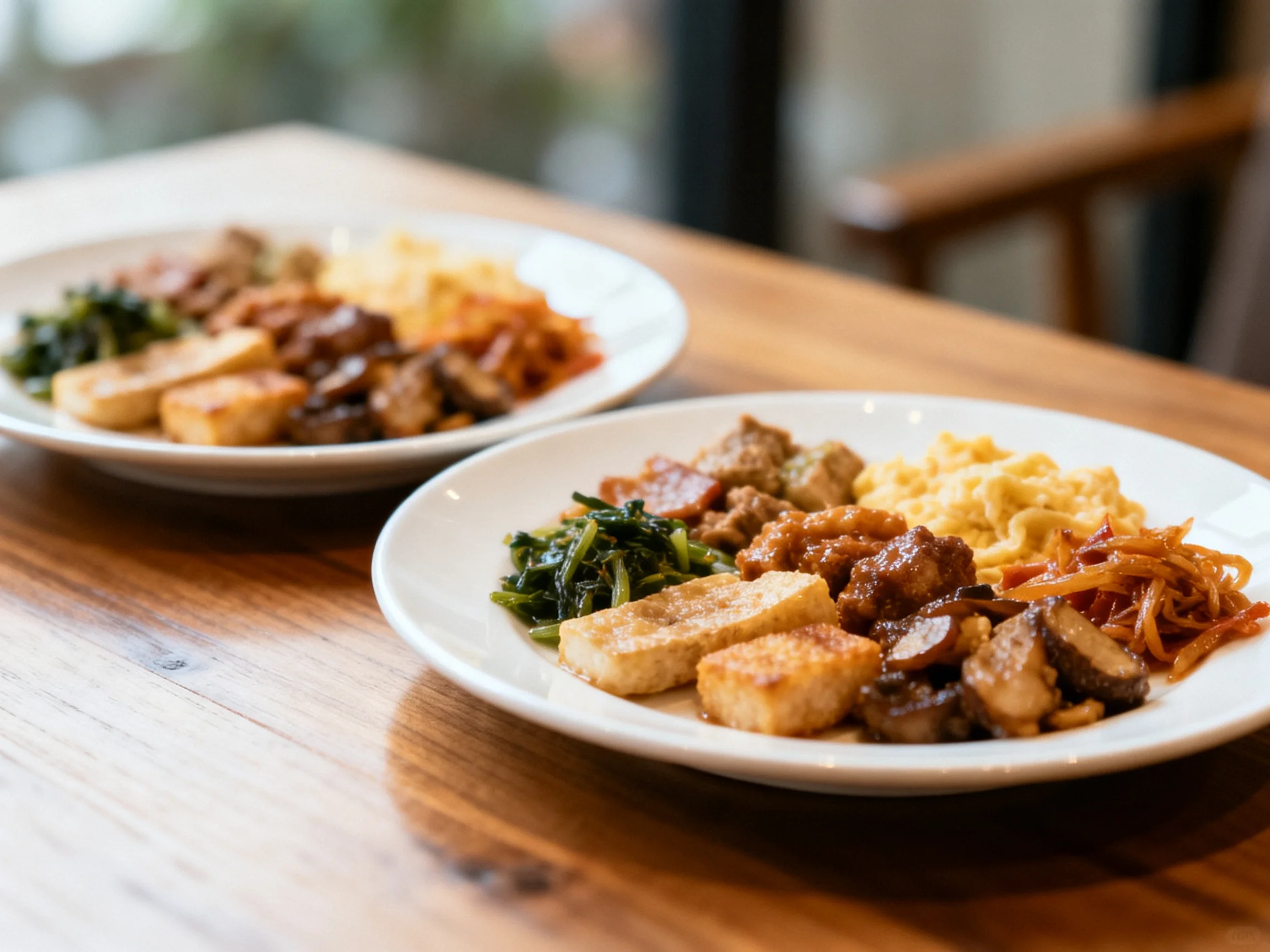 Two plates filled with diverse Asian-inspired dishes on a wooden table
