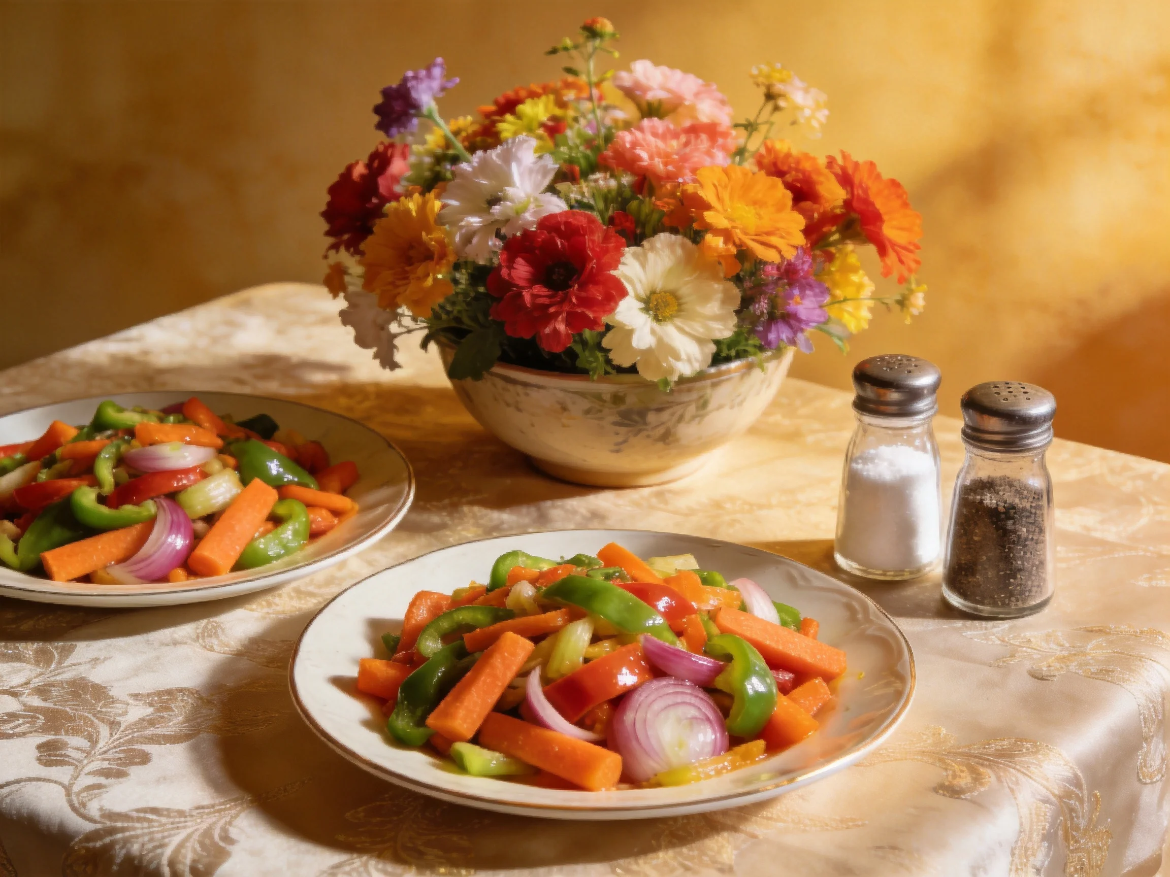 Two plates of colorful vegetable medley beside a vibrant flower arrangement