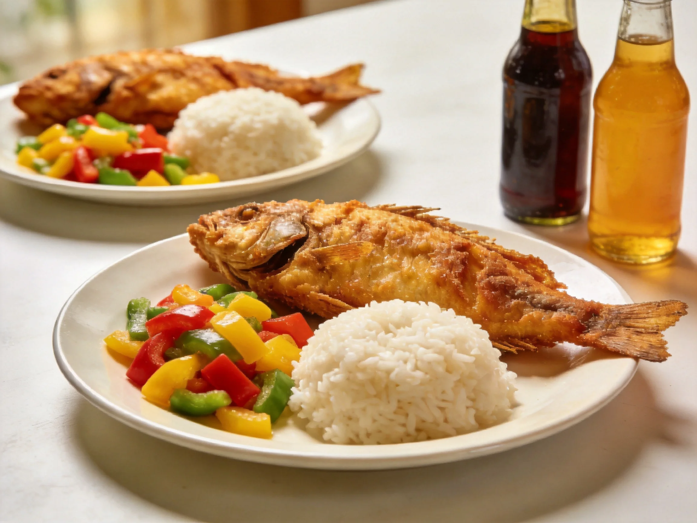 Two plates of golden-brown fried fish, white rice, and mixed bell pepper salad with two beverage bott