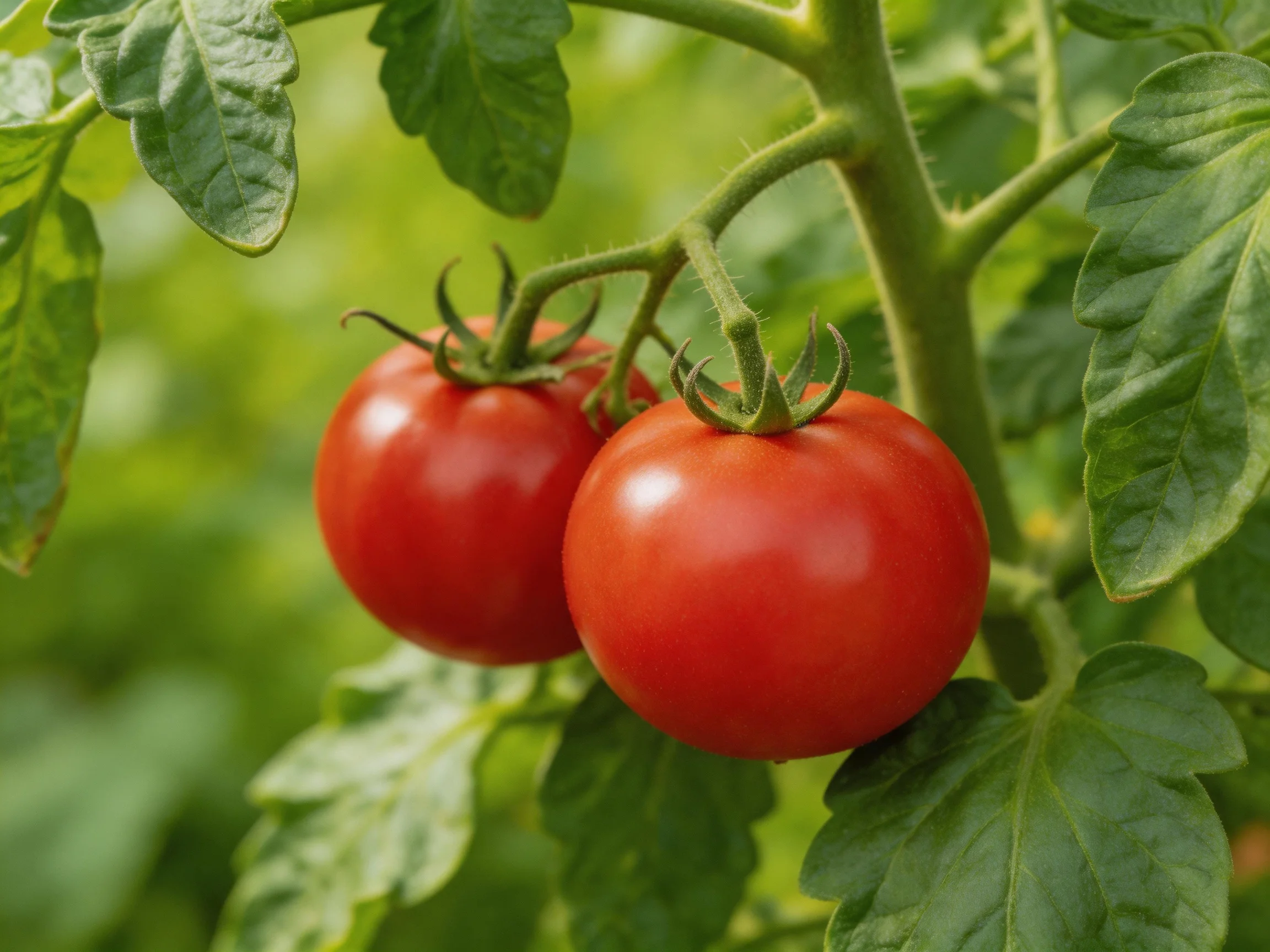 Two plump, glossy red tomatoes hanging from a leafy tomato vine