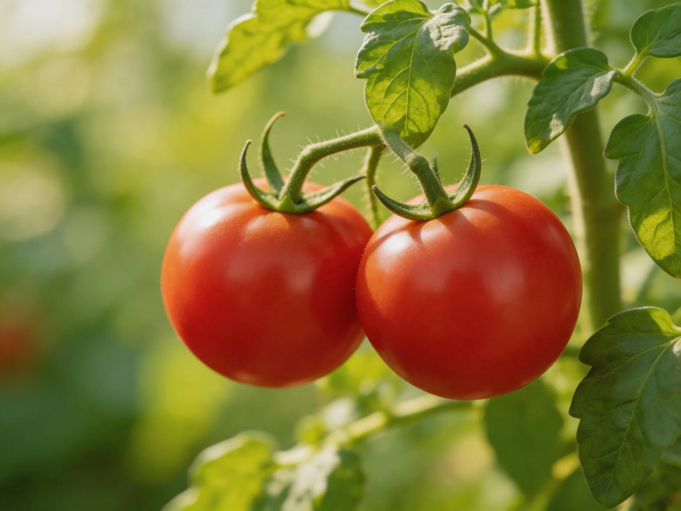 Two plump red tomatoes grow on a leafy green vine
