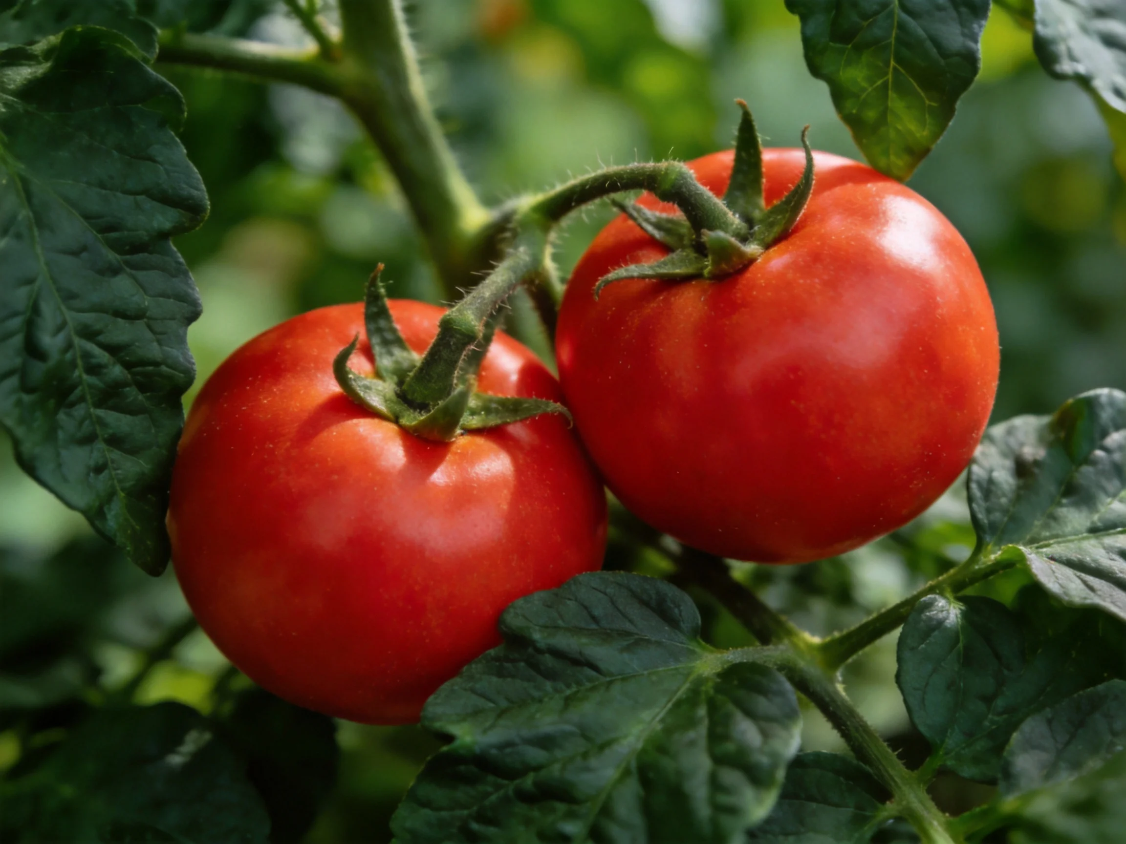 Two plump red tomatoes growing among dark green leaves on a vine