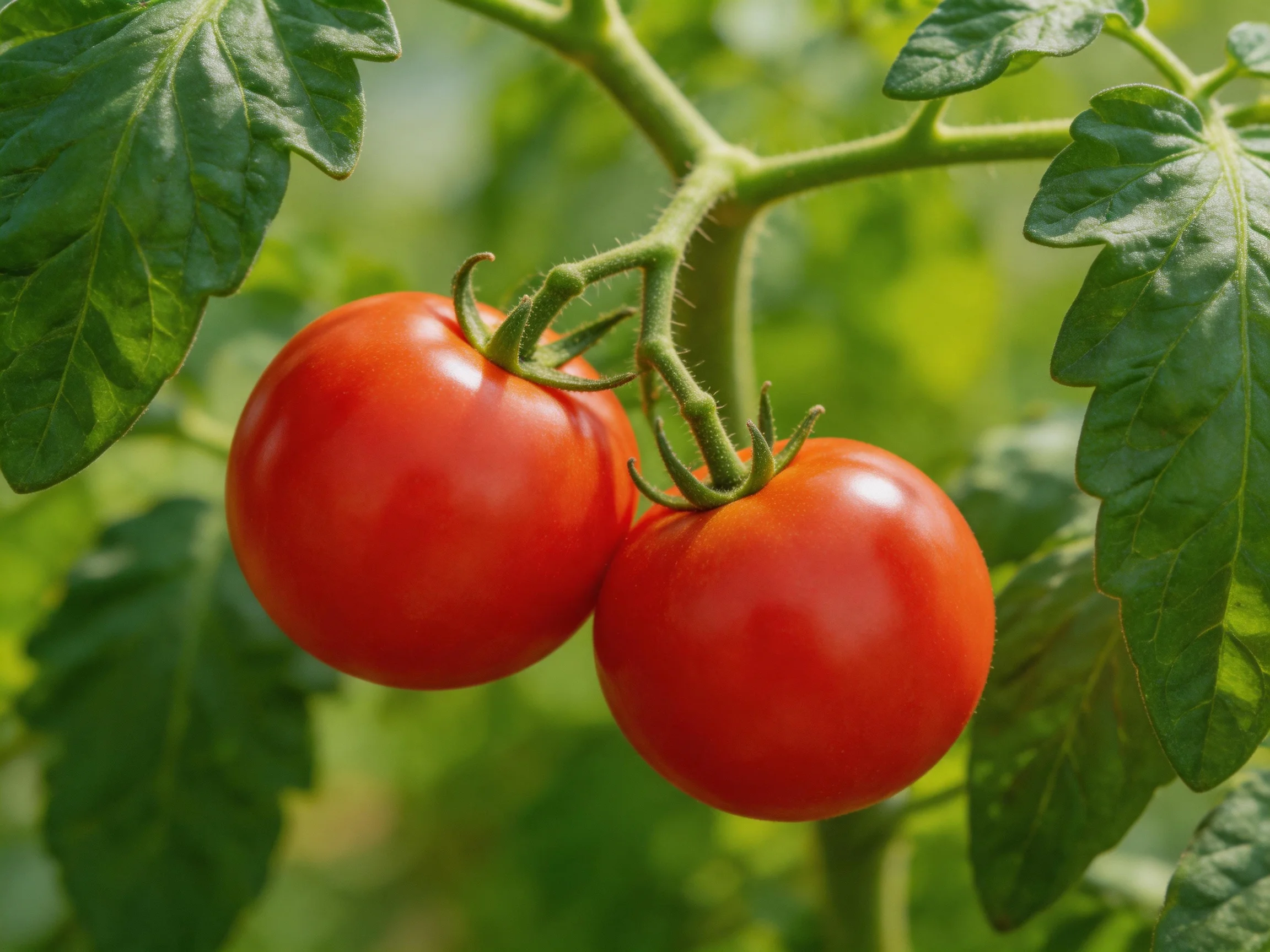Two plump red tomatoes hang from a leafy tomato plant