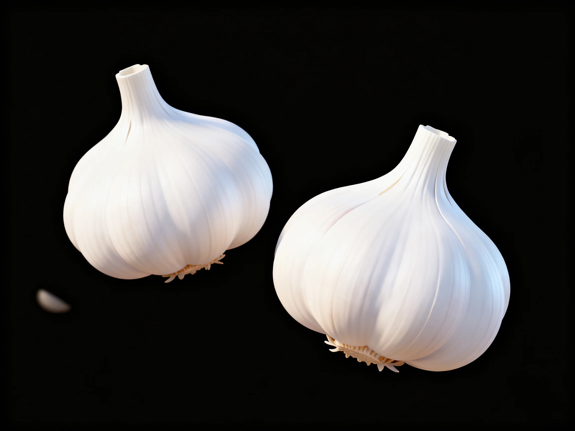 Two plump white garlic bulbs against a stark black background