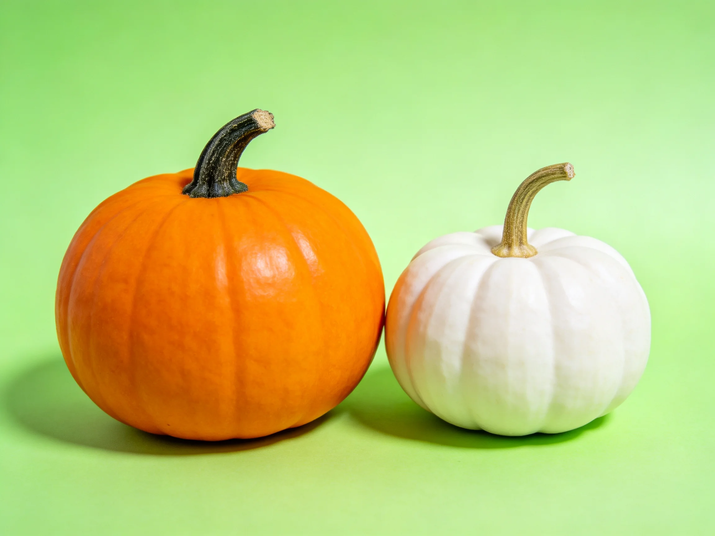Two pumpkins, one large orange and one small white, on a green surface
