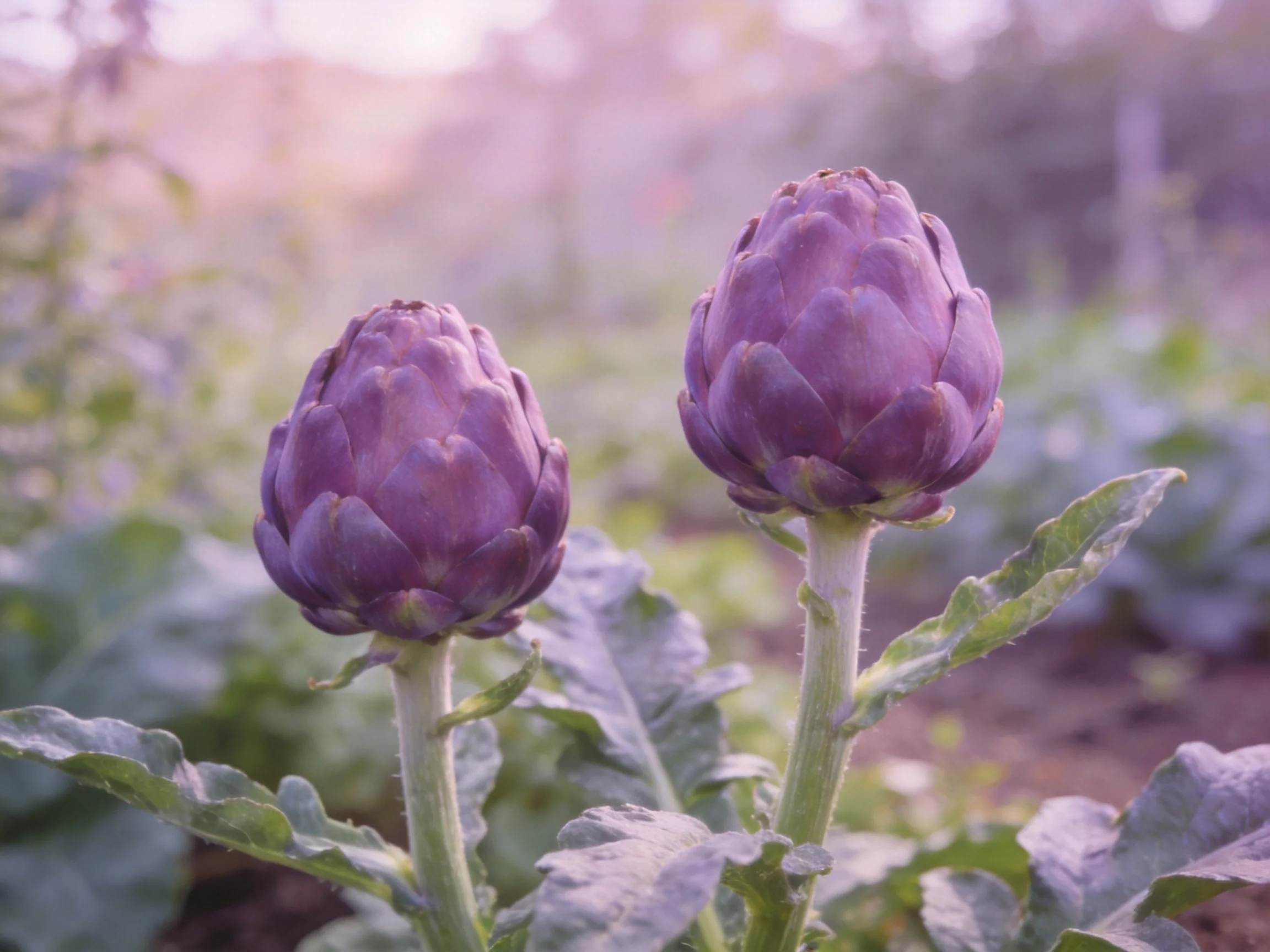 Two purple artichoke buds growing among green foliage in a sunlit field