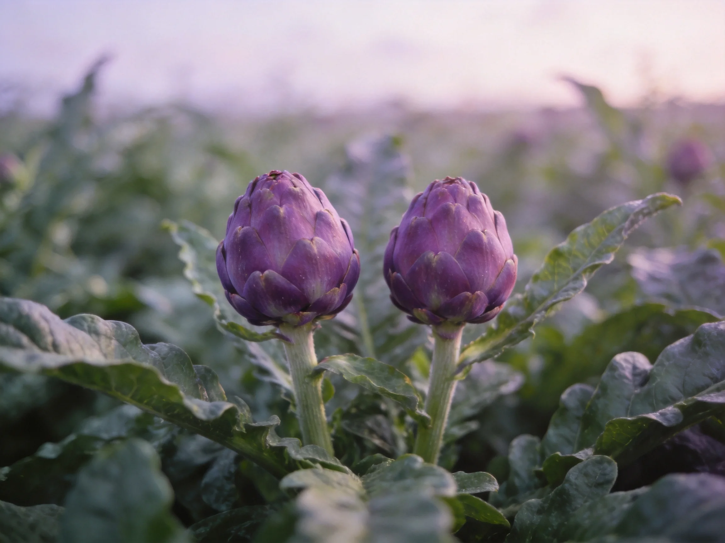 Two purple artichoke buds surrounded by lush green foliage