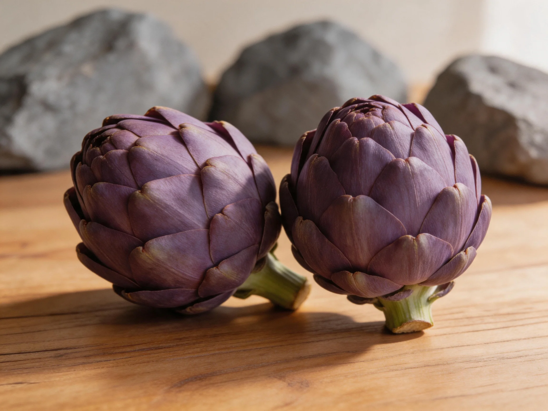 Two purple artichokes rest on a wooden surface near gray stones