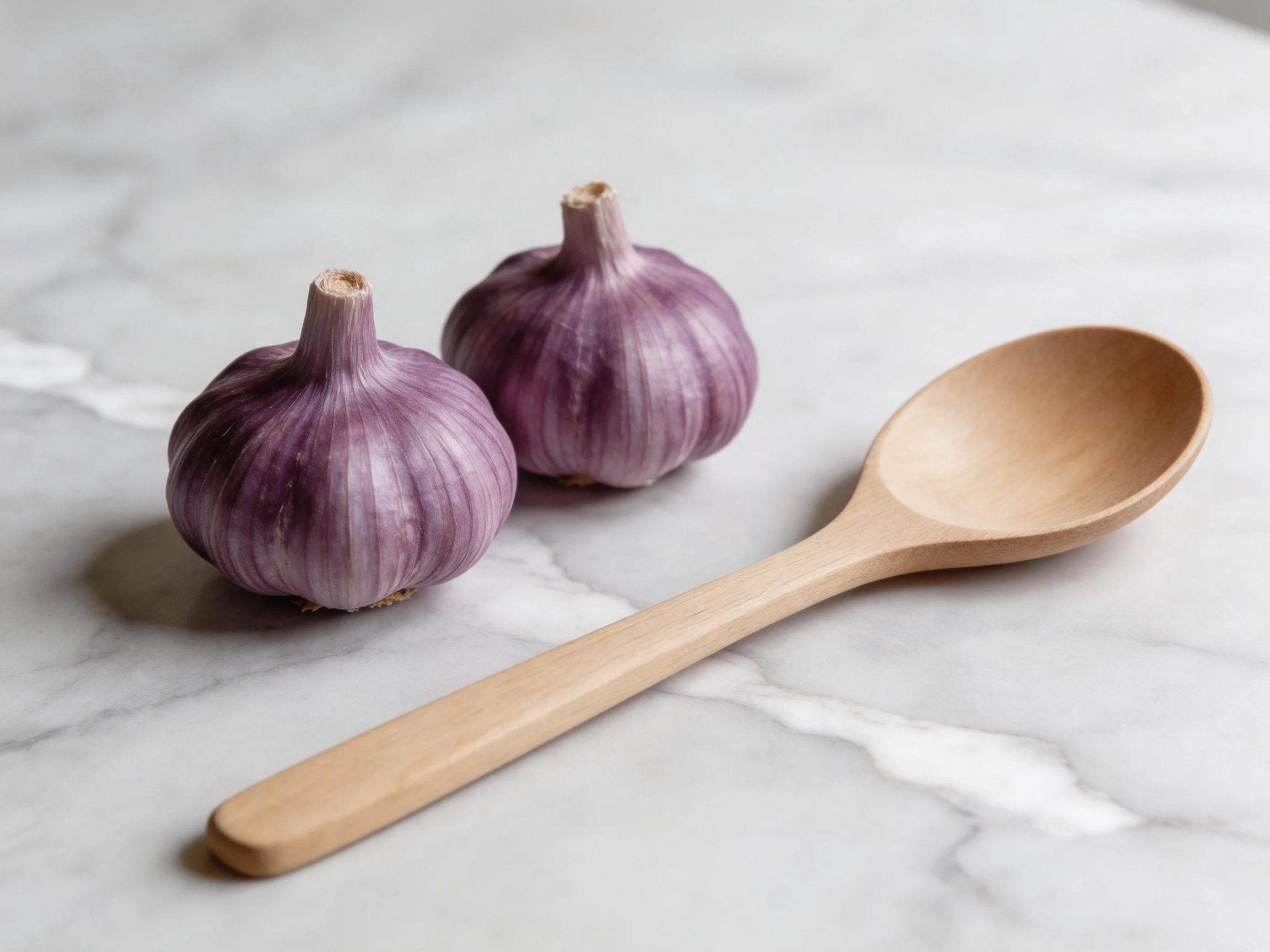 Two purple garlic bulbs alongside a wooden spoon on a marble surface